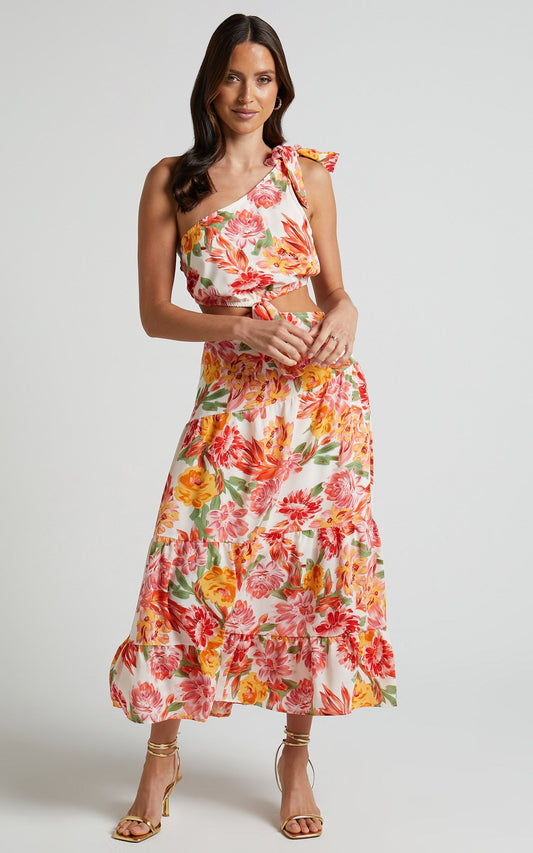 Amabella Midi Linen Blend Dress - Tie One Shoulder Cut Out Dress in Orange Floral