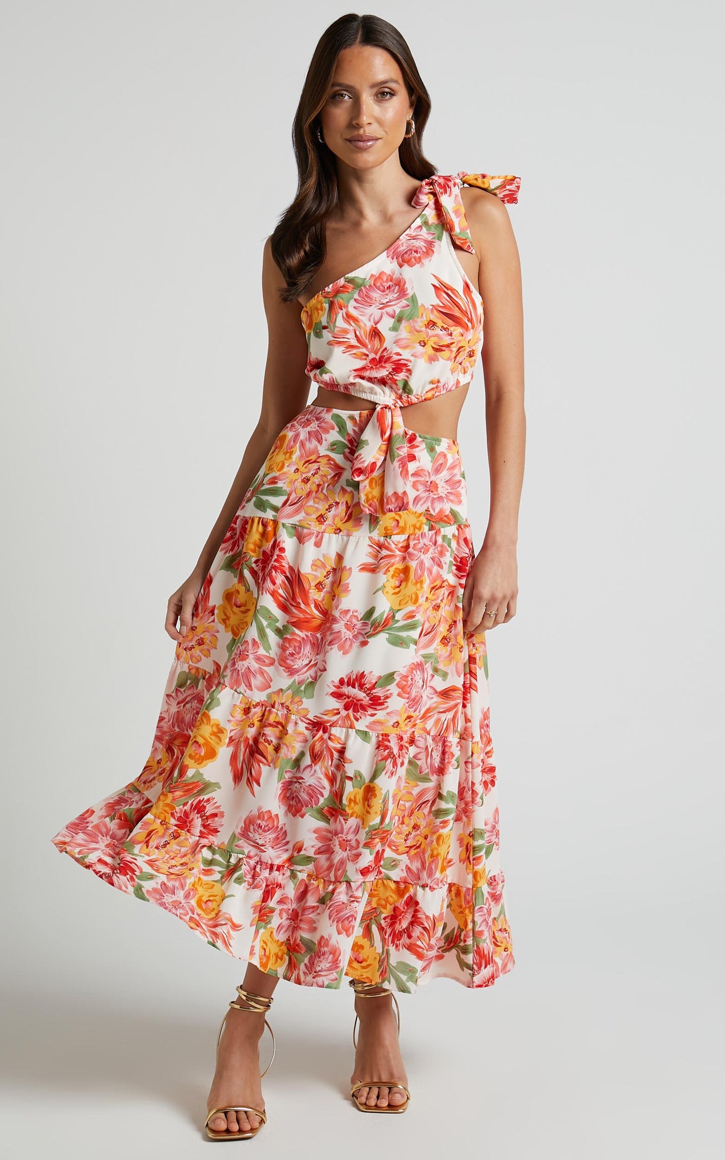 Amabella Midi Linen Blend Dress - Tie One Shoulder Cut Out Dress in Orange Floral