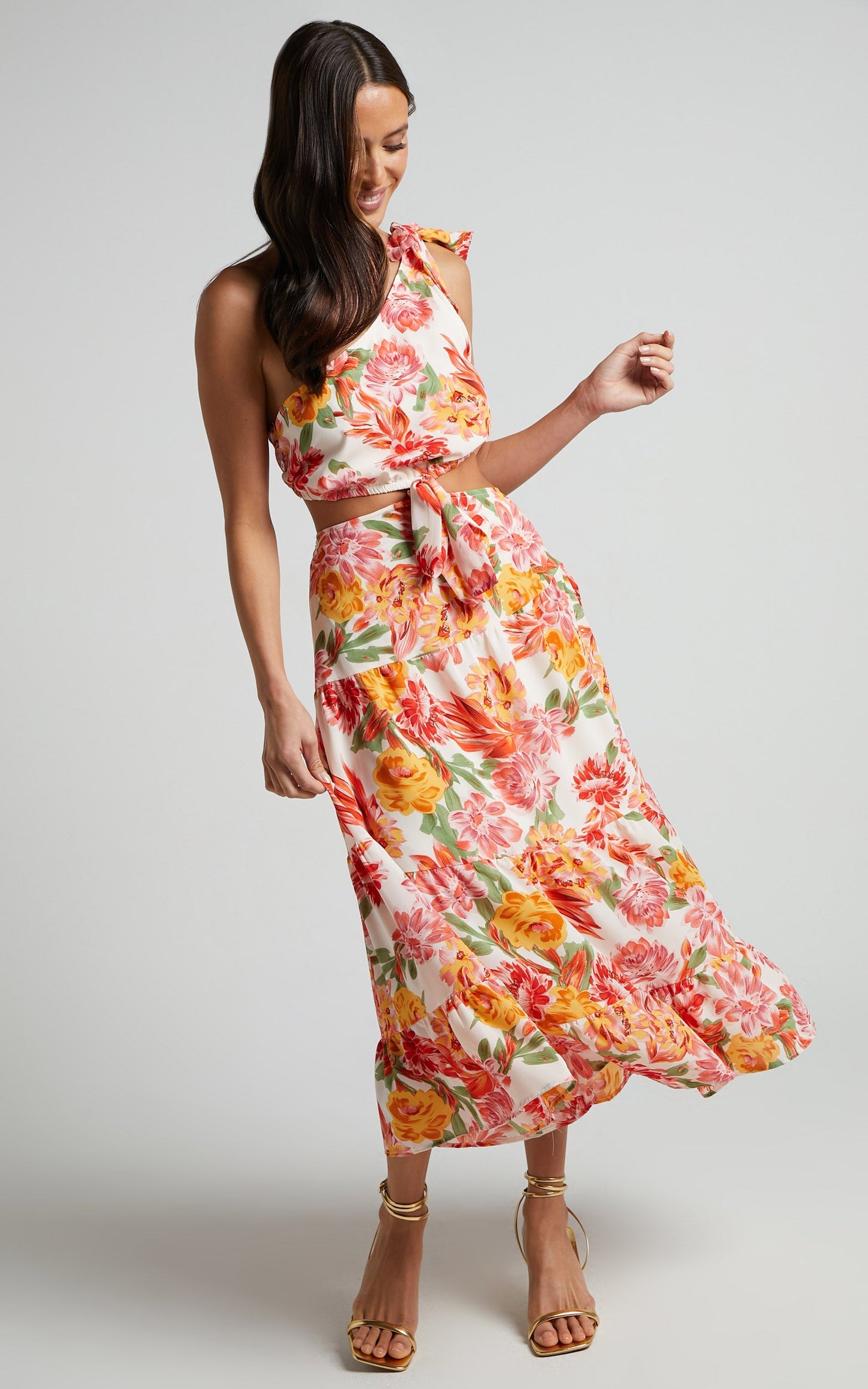 Amabella Midi Linen Blend Dress - Tie One Shoulder Cut Out Dress in Orange Floral