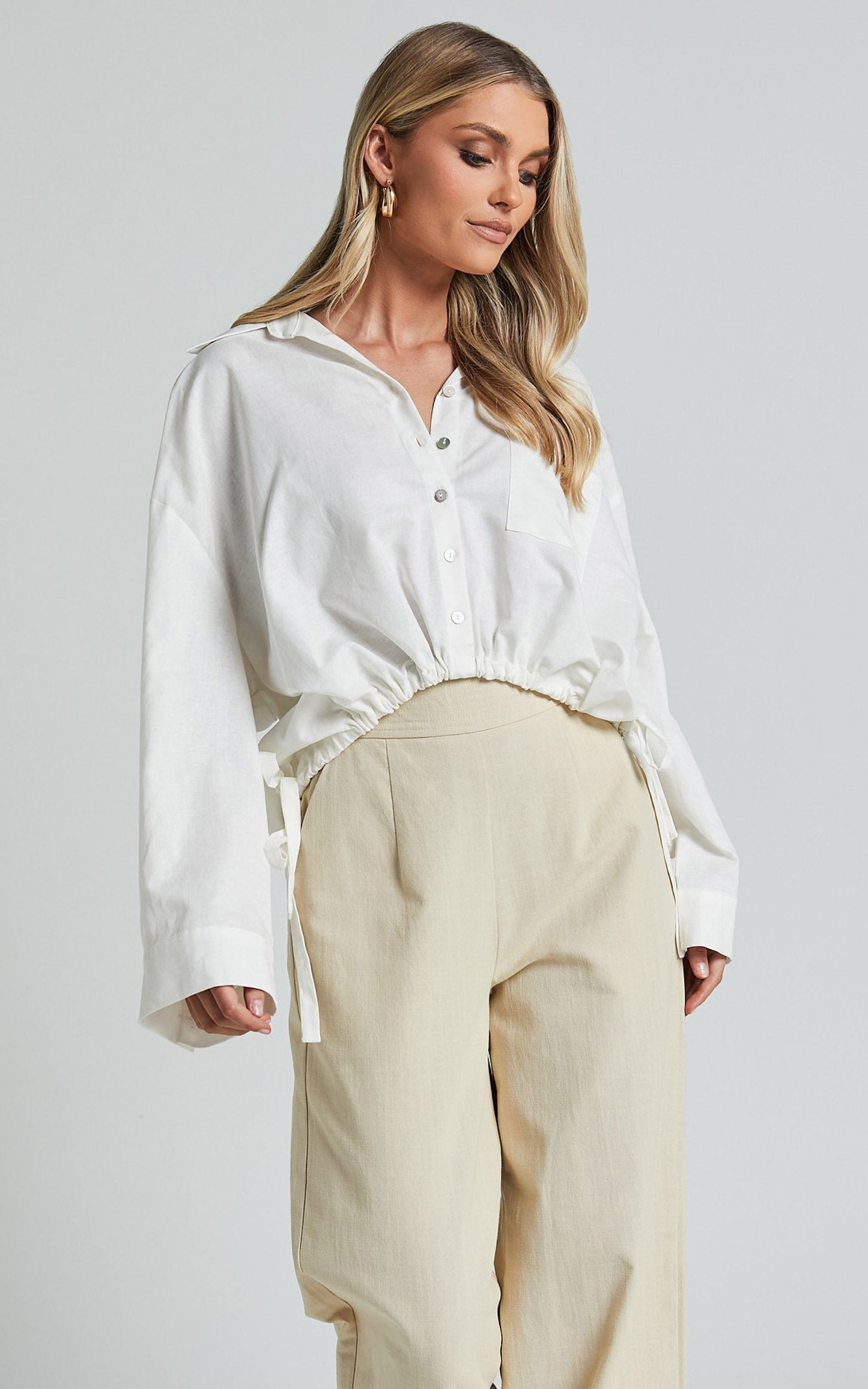 Amalie The Label - Alecia Linen Blend Side Tie Cropped Blouse in White
