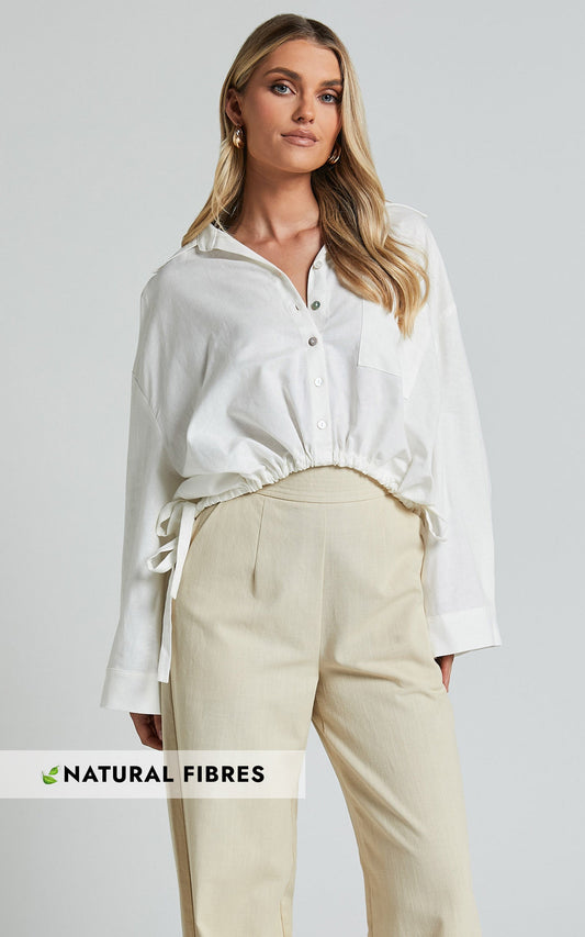 Amalie The Label - Alecia Linen Blend Side Tie Cropped Blouse in White