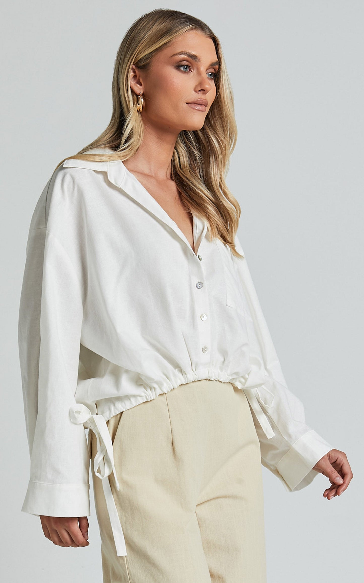 Amalie The Label - Alecia Linen Blend Side Tie Cropped Blouse in White