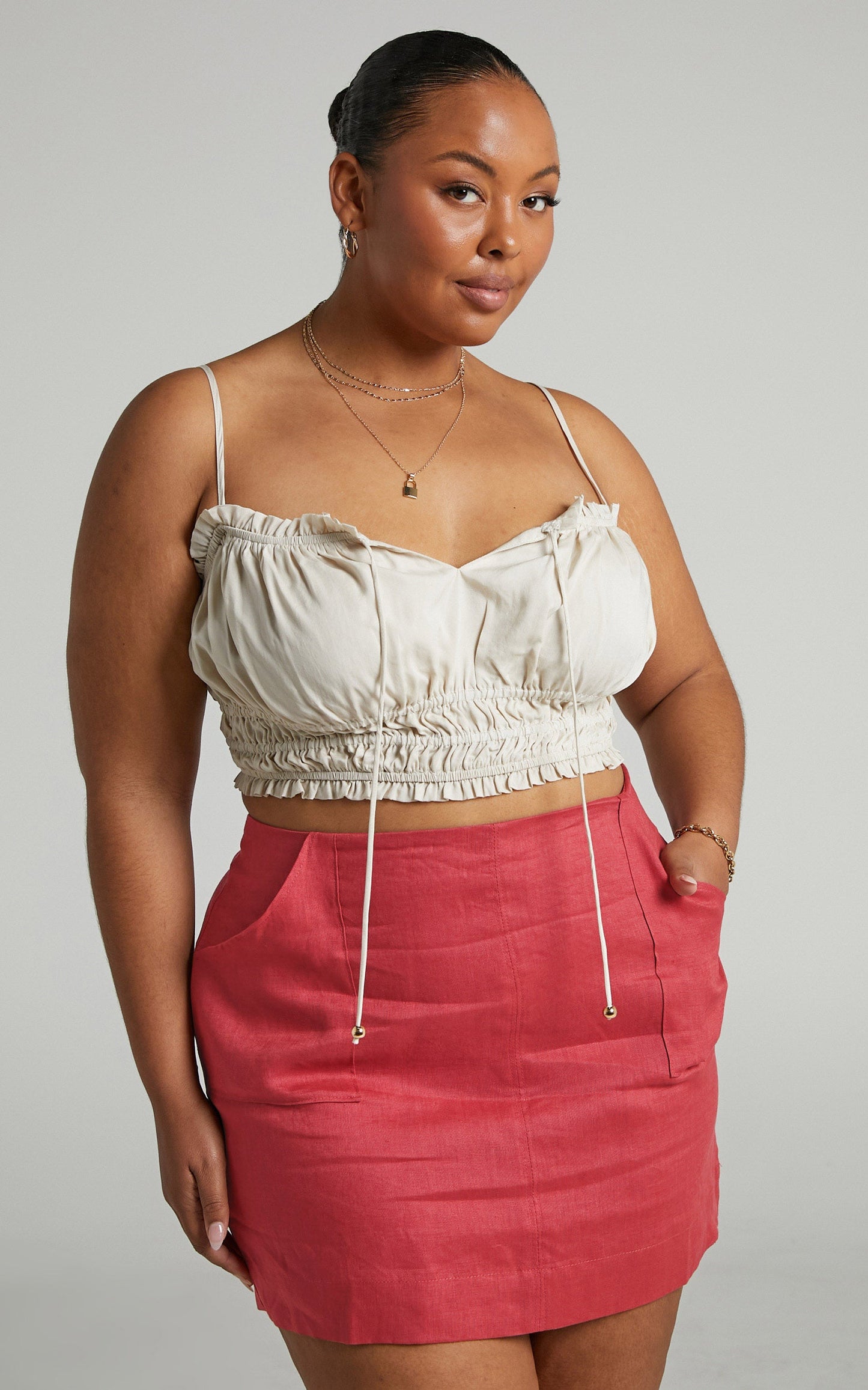 Amalie The Label - Candicia Linen Pocket Detail Bodycon Mini Linen Skirt in Dusty Rose