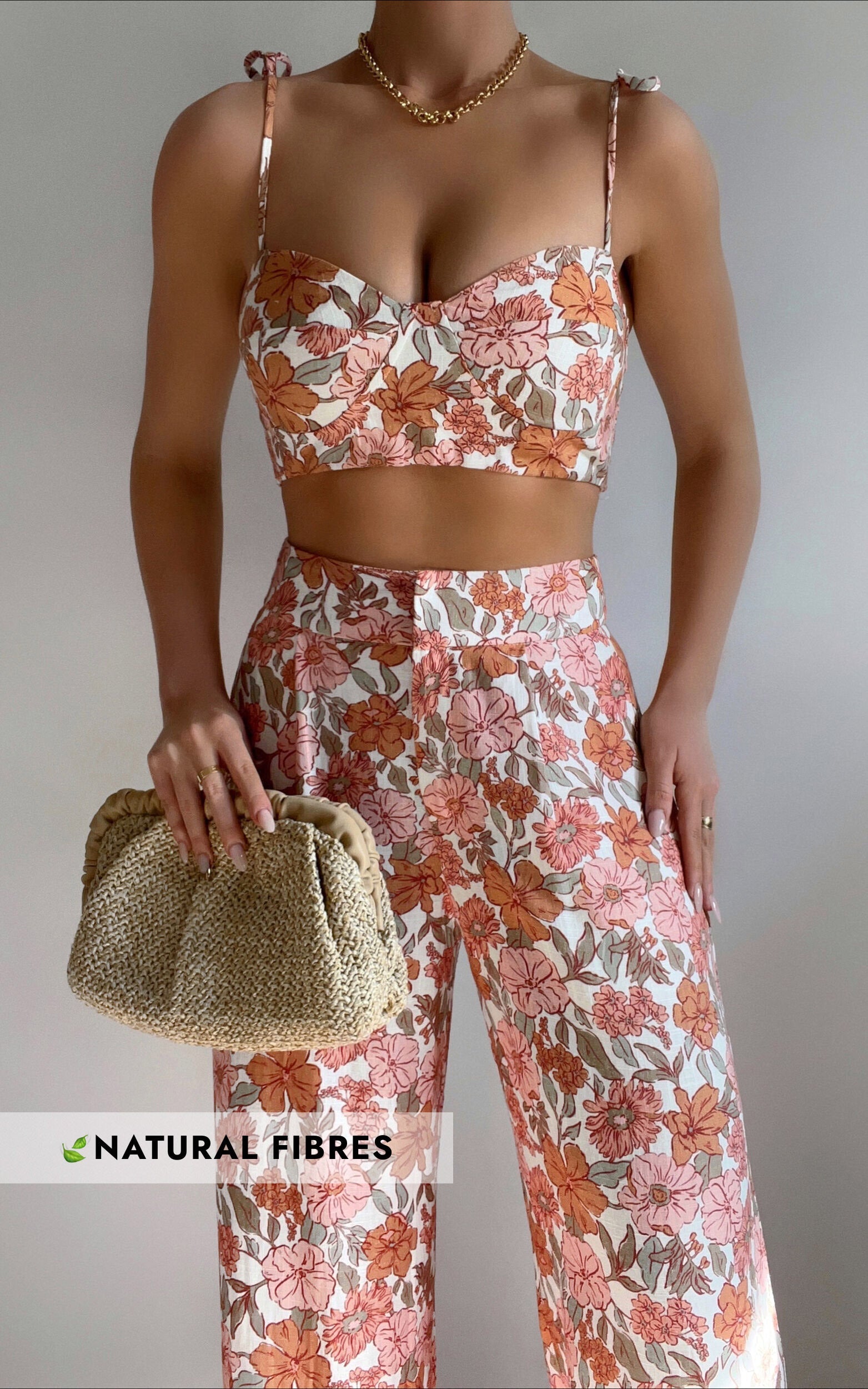Amalie The Label - Lorete Linen Blend Tie Strap Bralette Crop Cami in Wildflower Floral