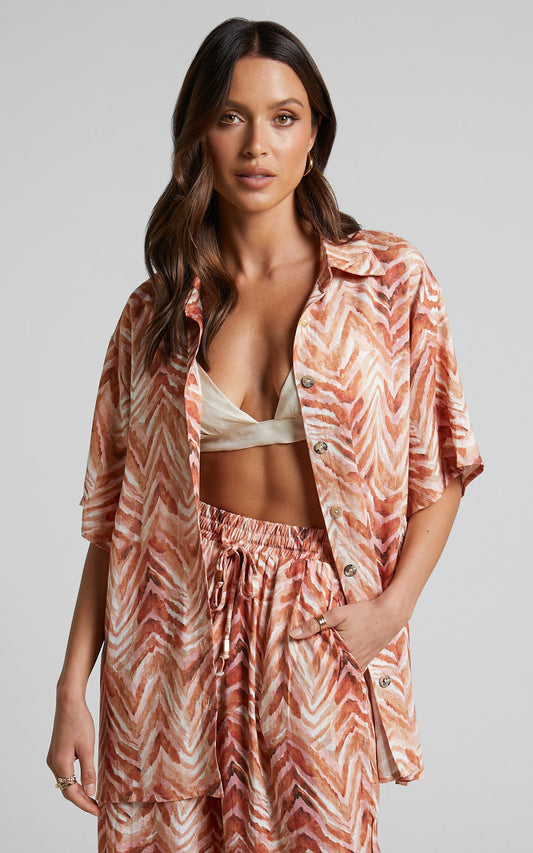 Amalie The Label - Lotte Linen Blend Oversized Short Sleeve Shirt in tonal zebra