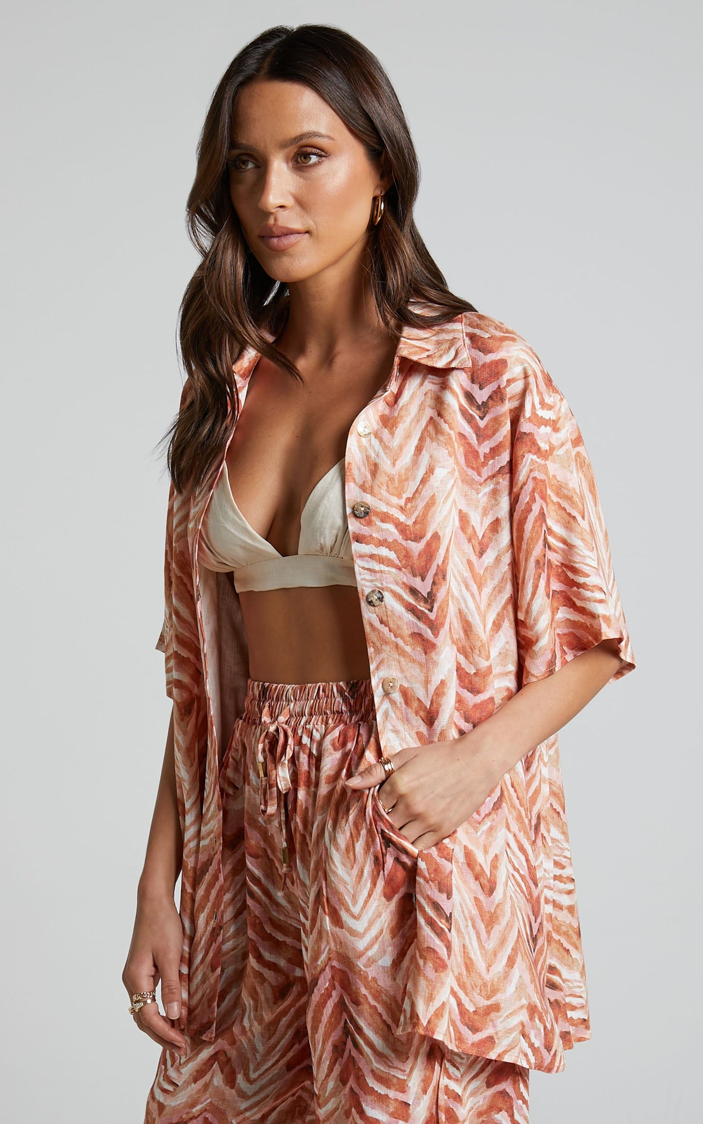 Amalie The Label - Lotte Linen Blend Oversized Short Sleeve Shirt in tonal zebra
