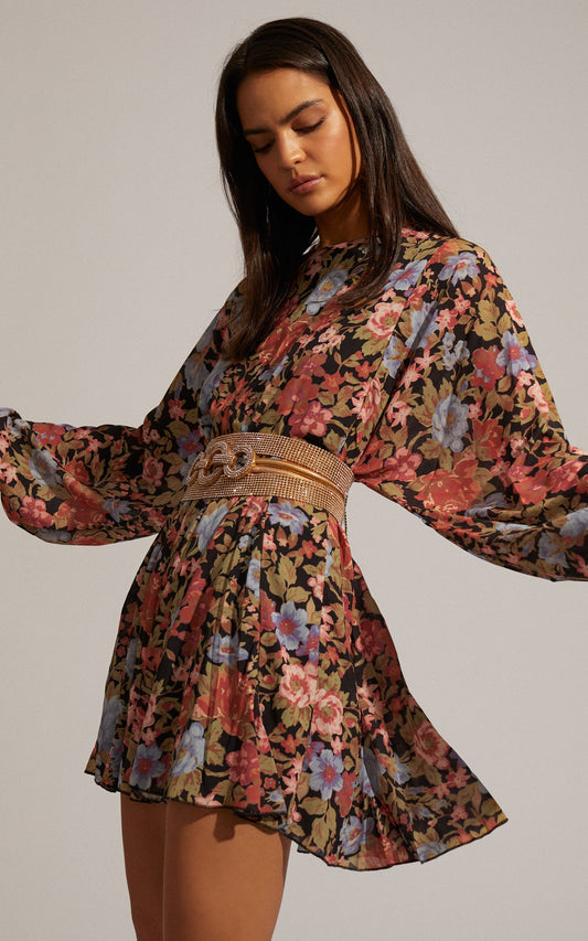Henny Mini Dress - Tie Front Longsleeve Dress in Dusk Floral Print