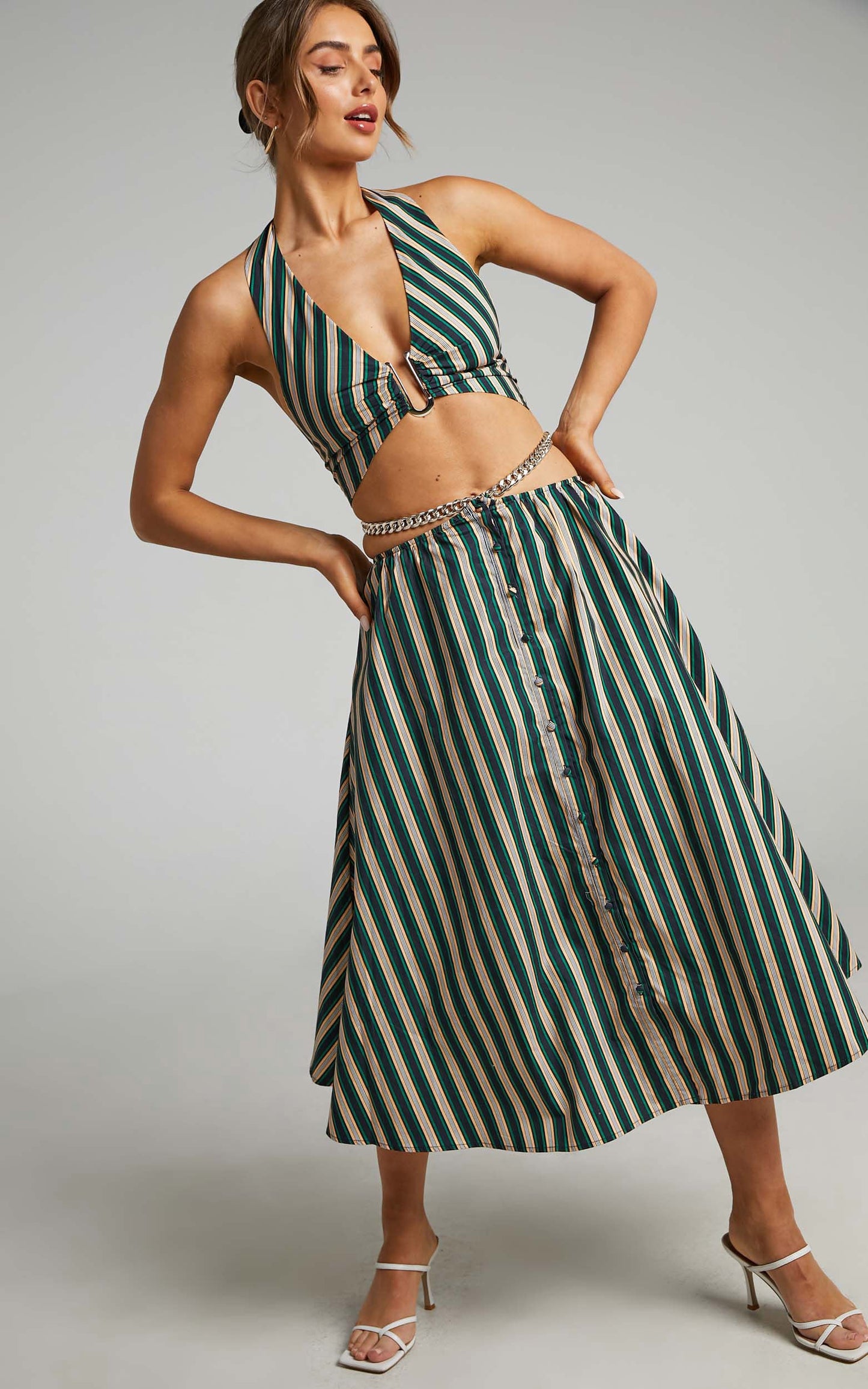 Atoir - The Gravity Midi Skirt in IVY PEACH STRIPE
