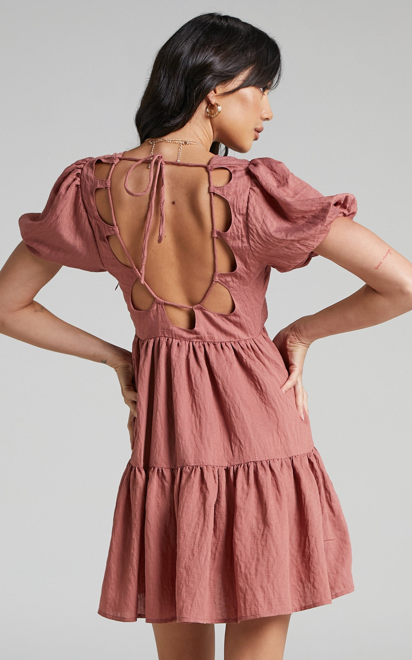 Aurora Open Back Short Sleeve Tiered Mini Dress in Dark Rose