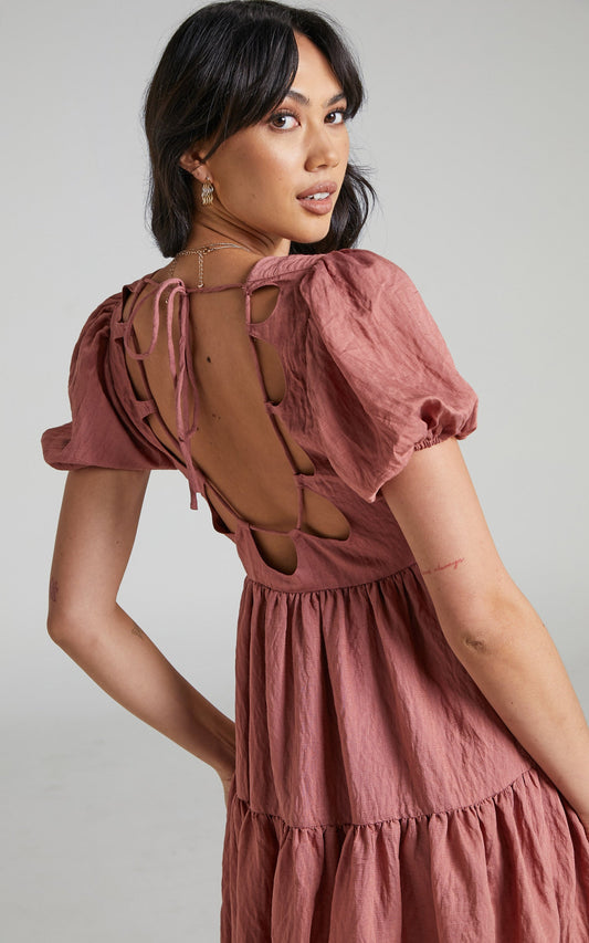 Aurora Open Back Short Sleeve Tiered Mini Dress in Dark Rose