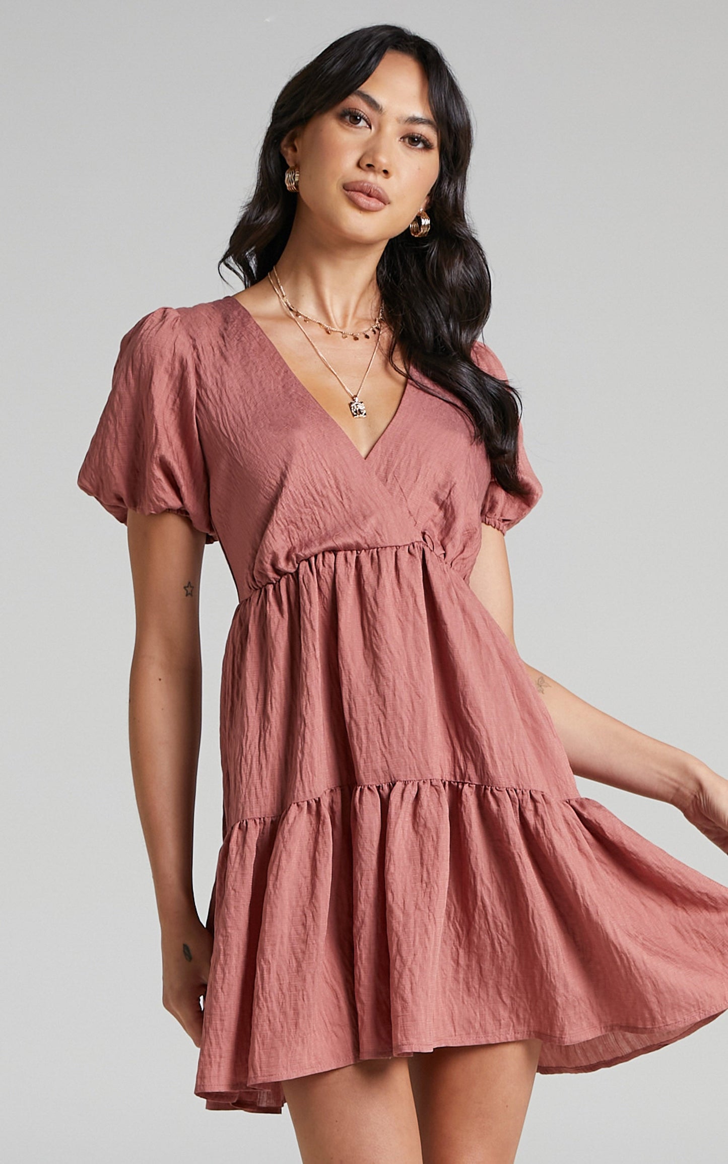 Aurora Open Back Short Sleeve Tiered Mini Dress in Dark Rose