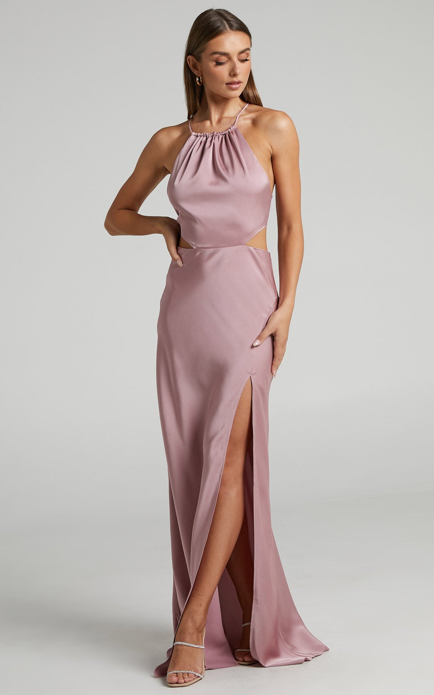 Azrael Maxi Dress - Thigh Split High Neck Tie Back Satin Dress in Blush
