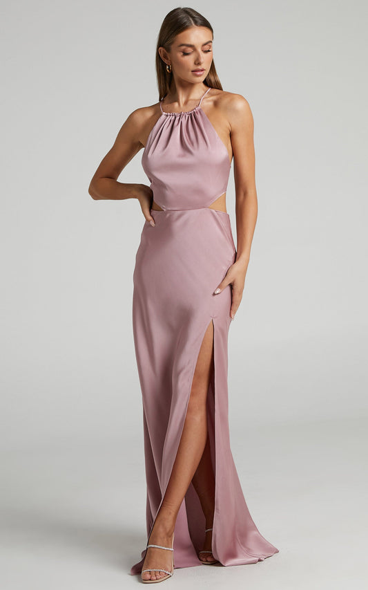 Azrael Maxi Dress - Thigh Split High Neck Tie Back Satin Dress in Blush