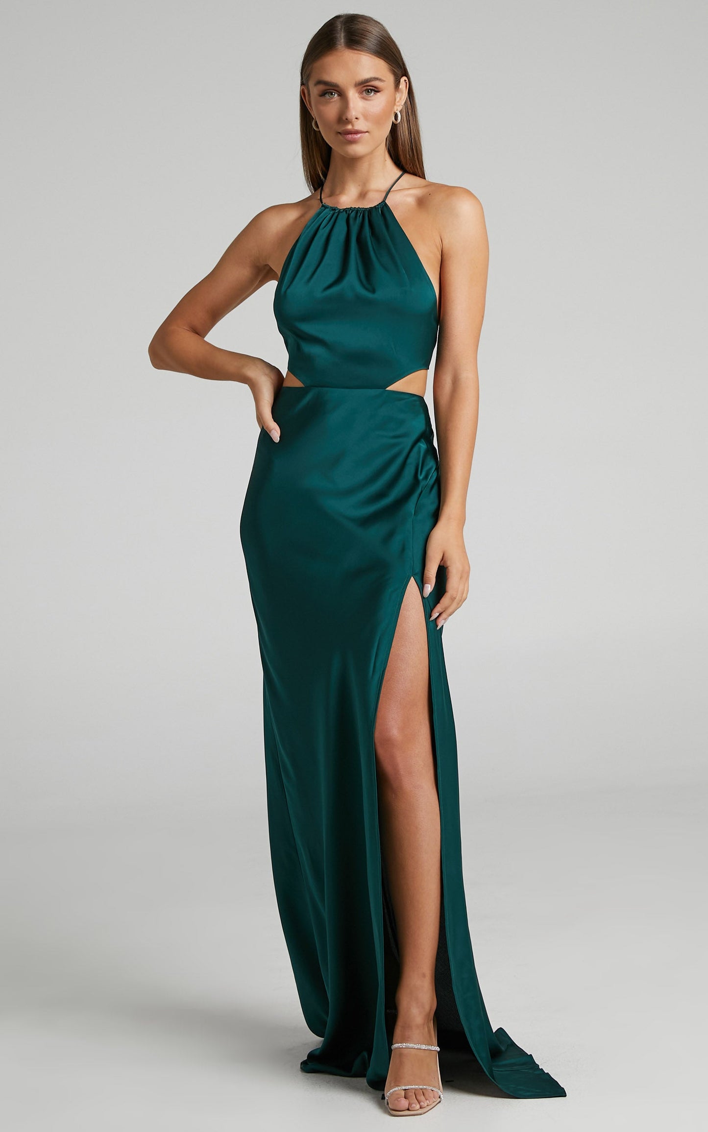Azrael Maxi Dress - Thigh Split High Neck Tie Back Satin Dress in Emerald