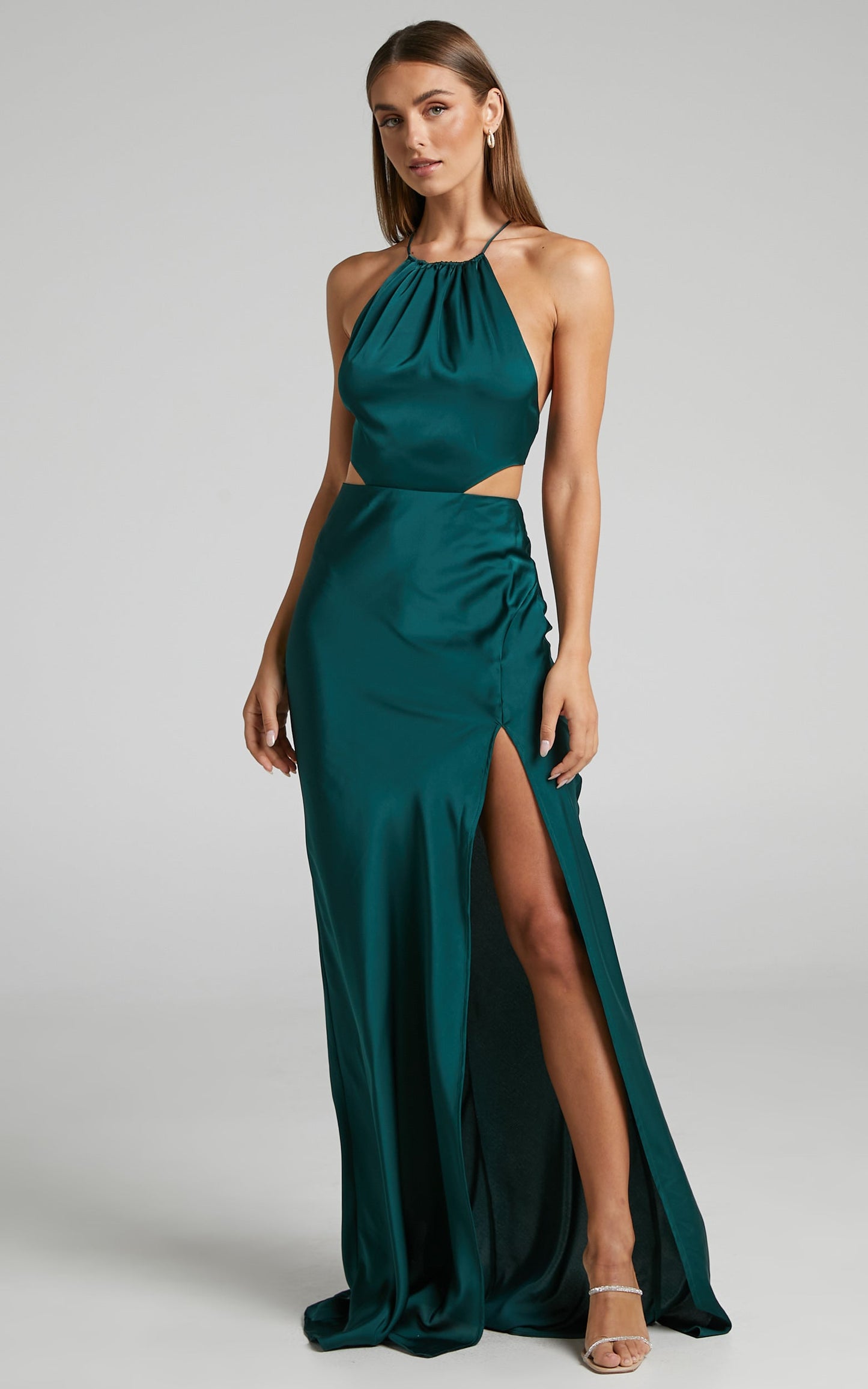 Azrael Maxi Dress - Thigh Split High Neck Tie Back Satin Dress in Emerald