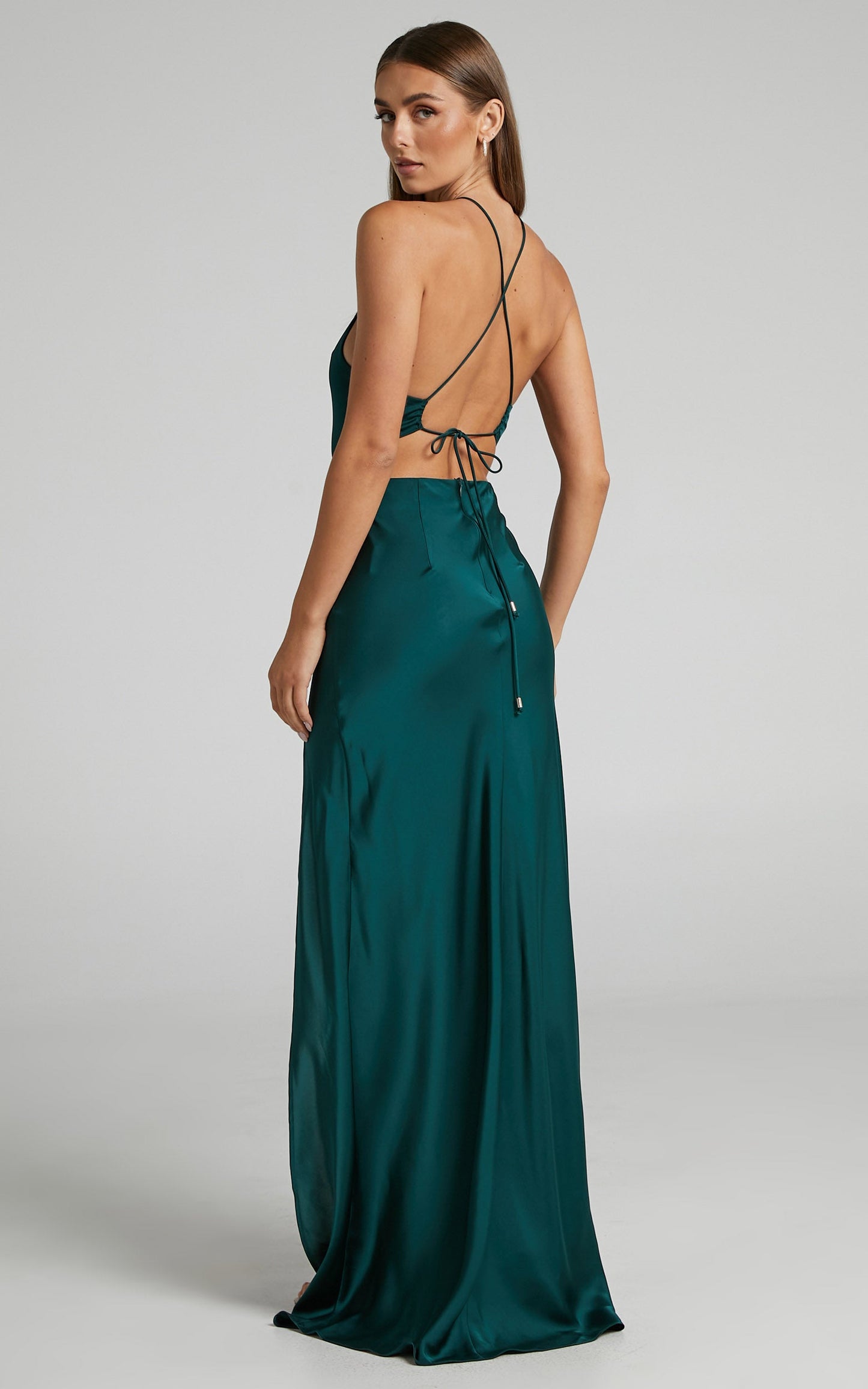 Azrael Maxi Dress - Thigh Split High Neck Tie Back Satin Dress in Emerald
