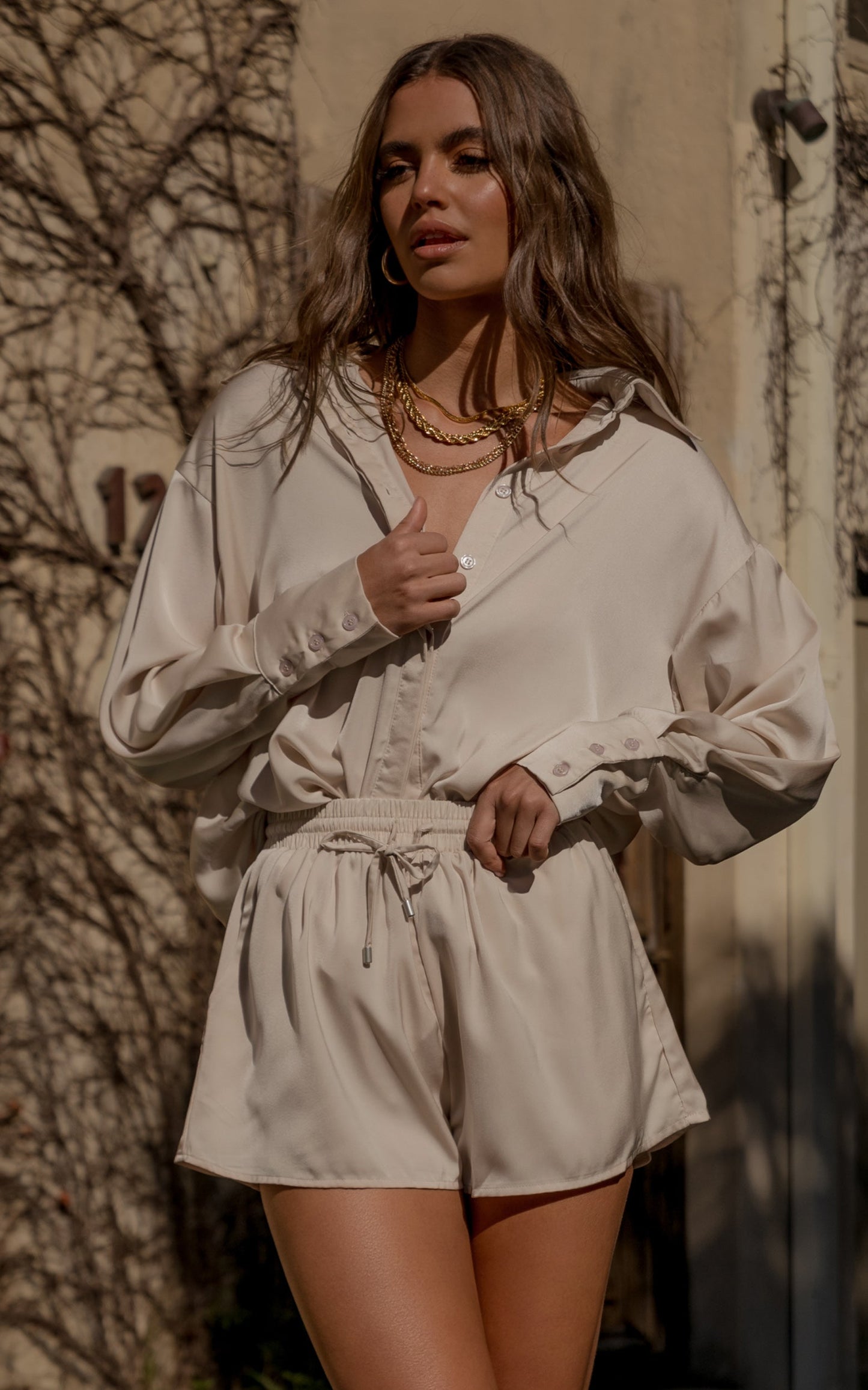 Azurine Shorts - Elastic Waist Satin Shorts in Oyster