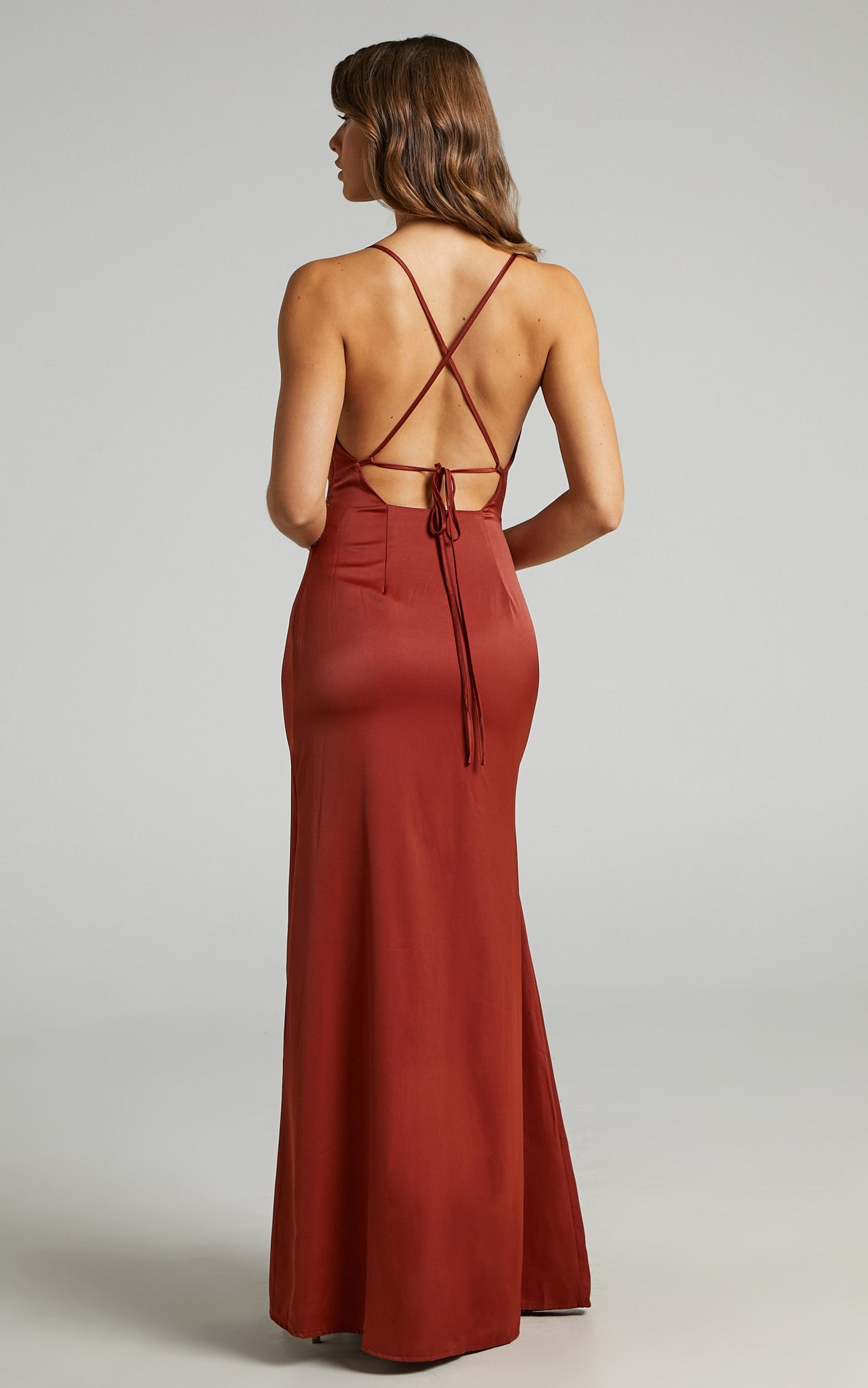 A Final Toast Midi Dress - Cowl Neck Thigh Split Dress in Copper Satin
