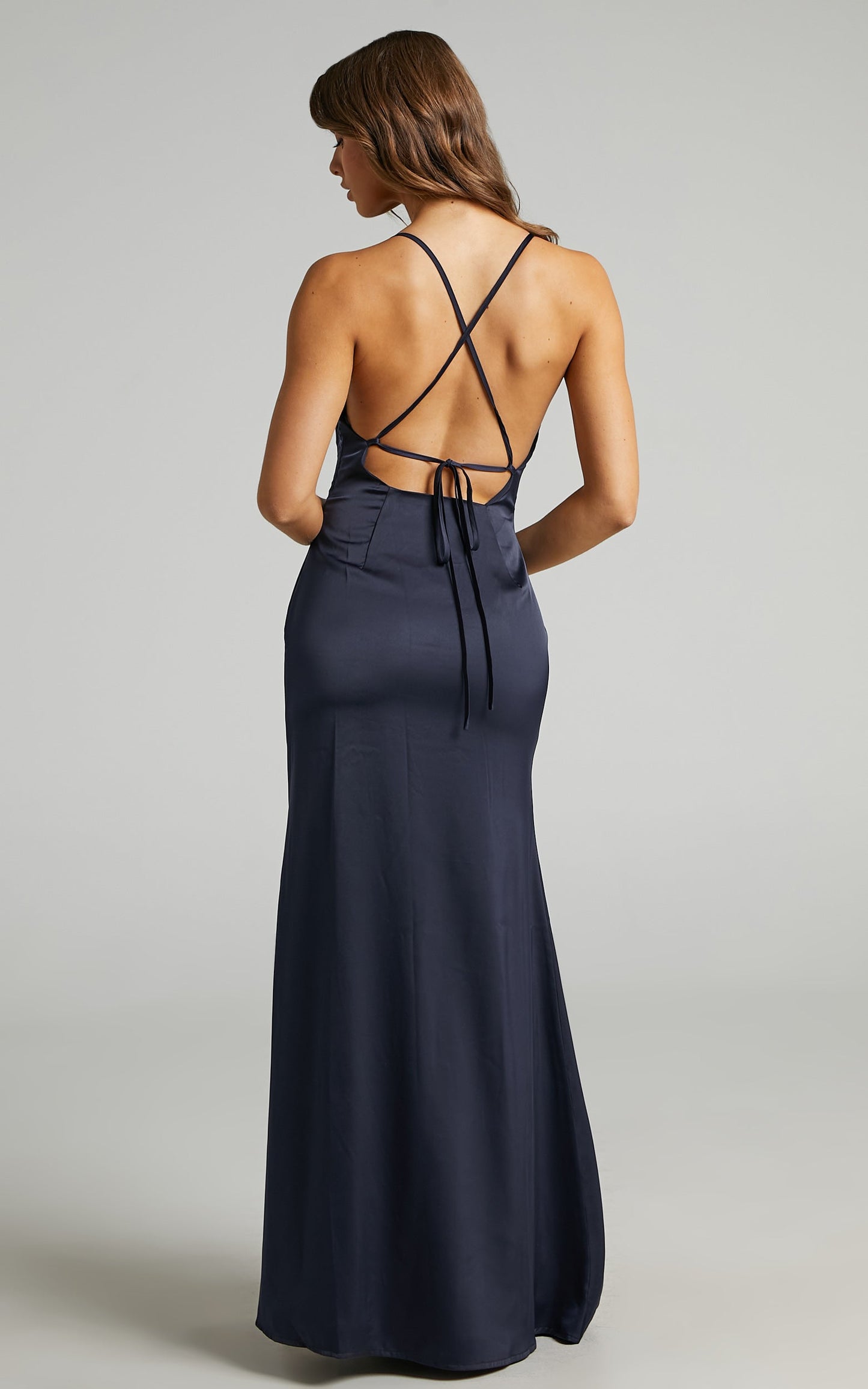 A Final Toast Midi Dress - Cowl Neck Thigh Split Dress in Navy Satin