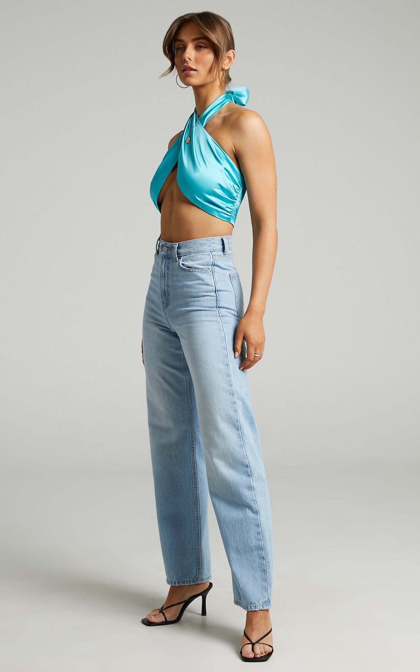 Aaliyah Top - Tie Up Halter Satin Top in Aqua