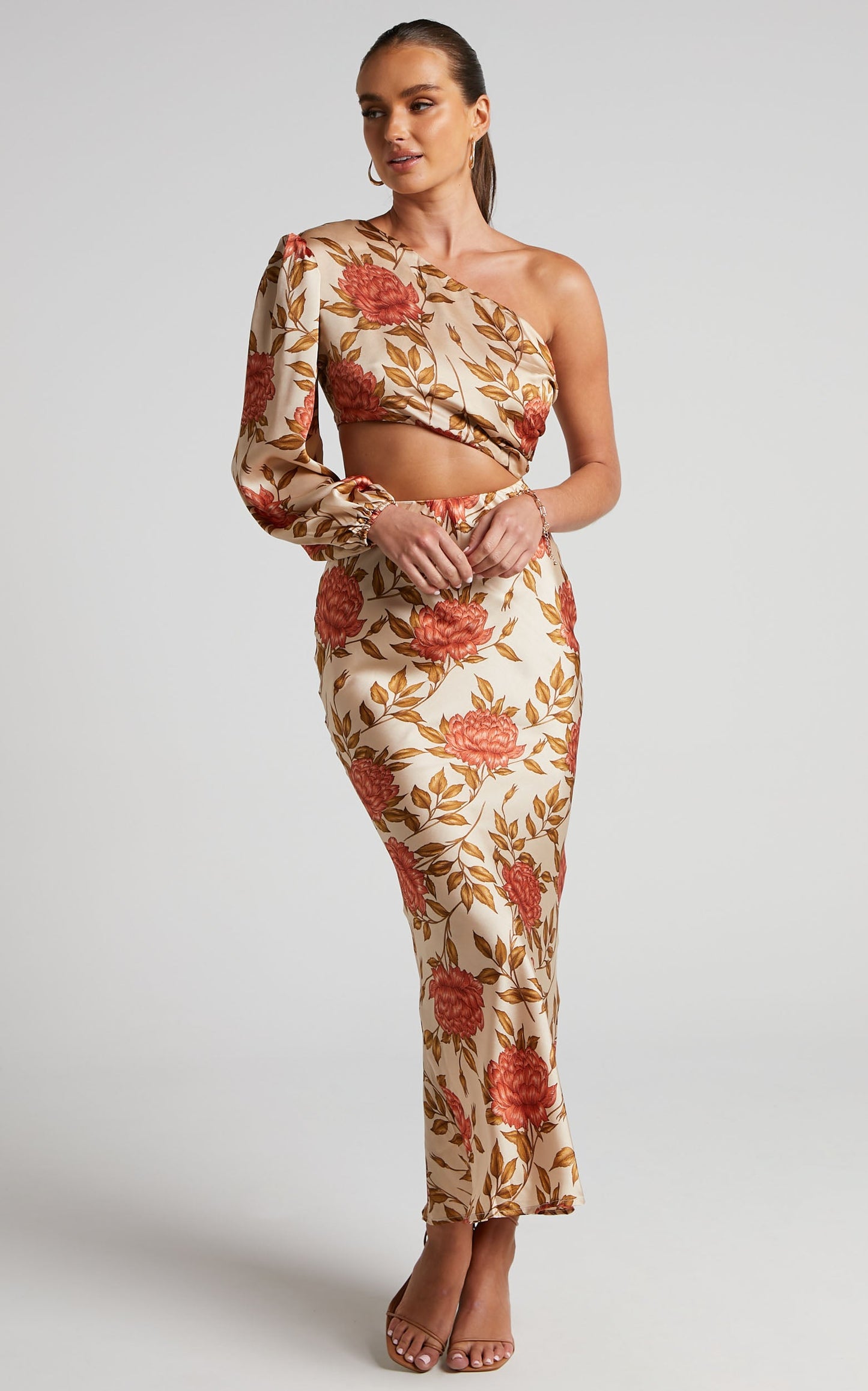 Abagail Midi Dress - One Shoulder Cut Out Dress in Beige Floral