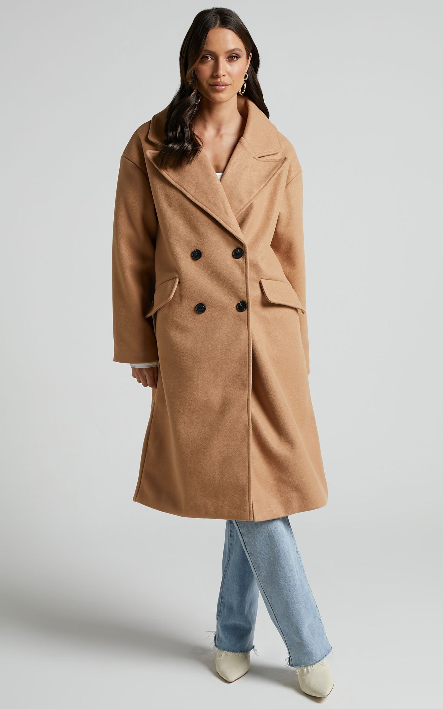 Abbie Coat - Double Breasted Longline Coat in Beige