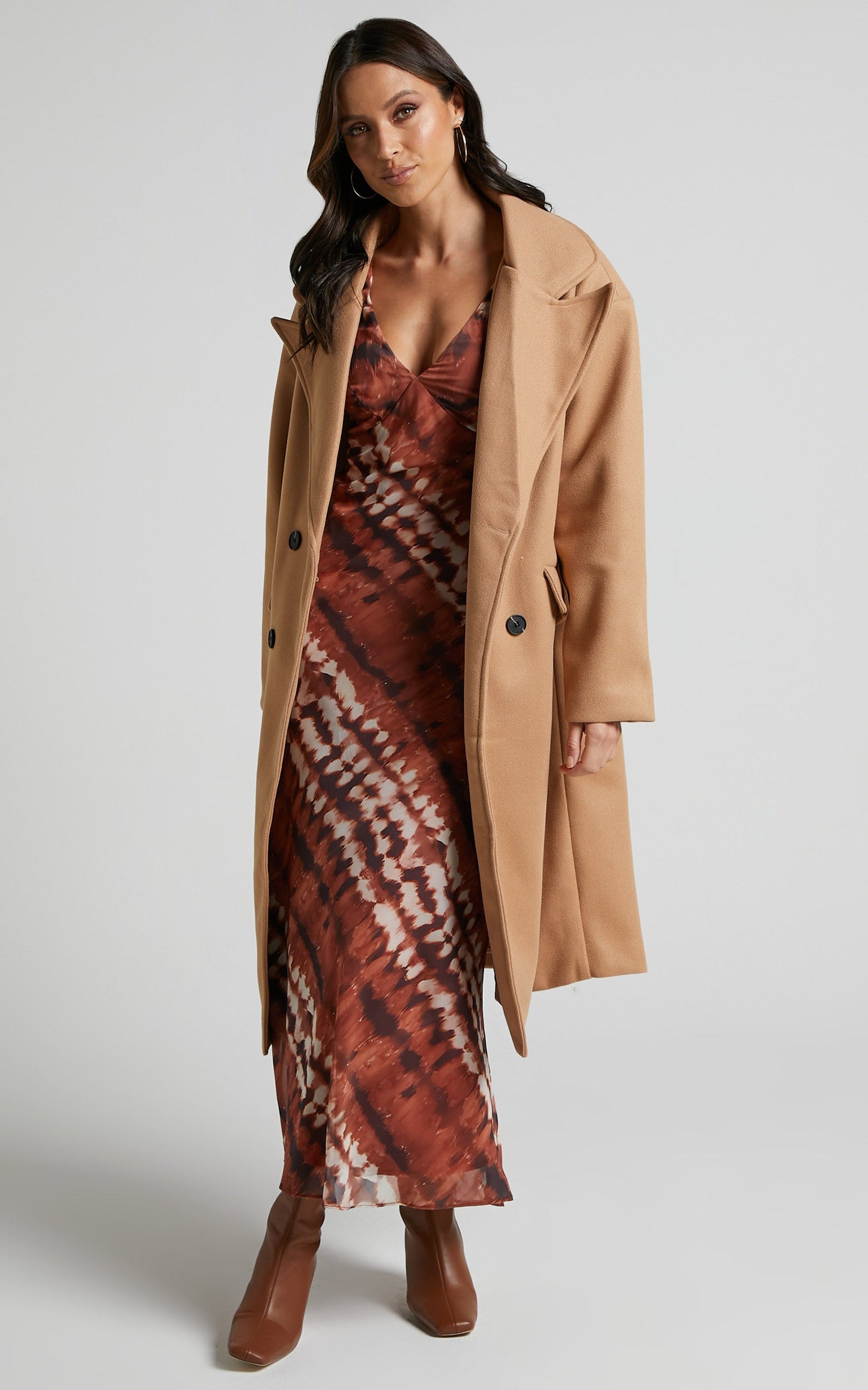 Abbie Coat - Double Breasted Longline Coat in Beige