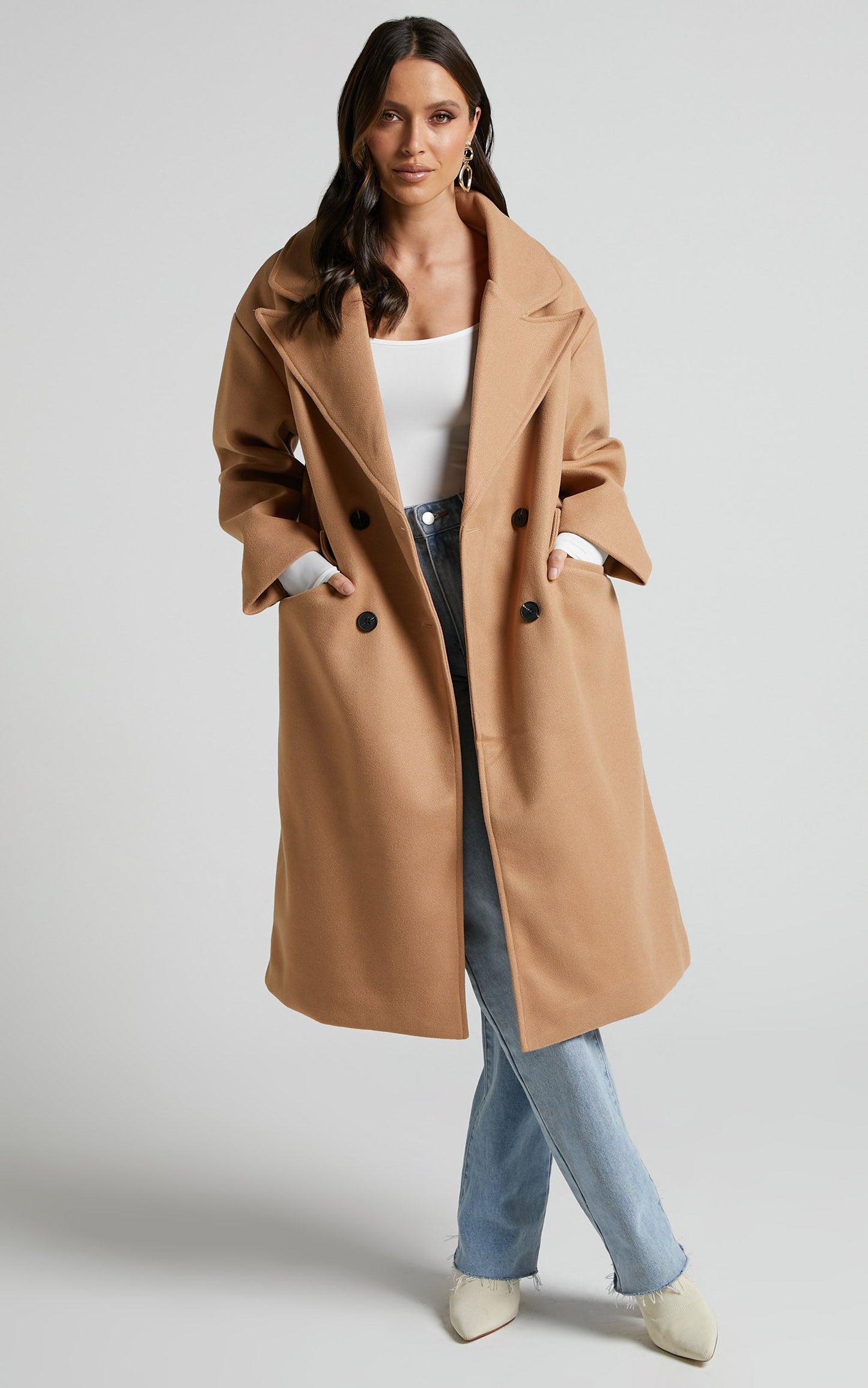 Abbie Coat - Double Breasted Longline Coat in Beige