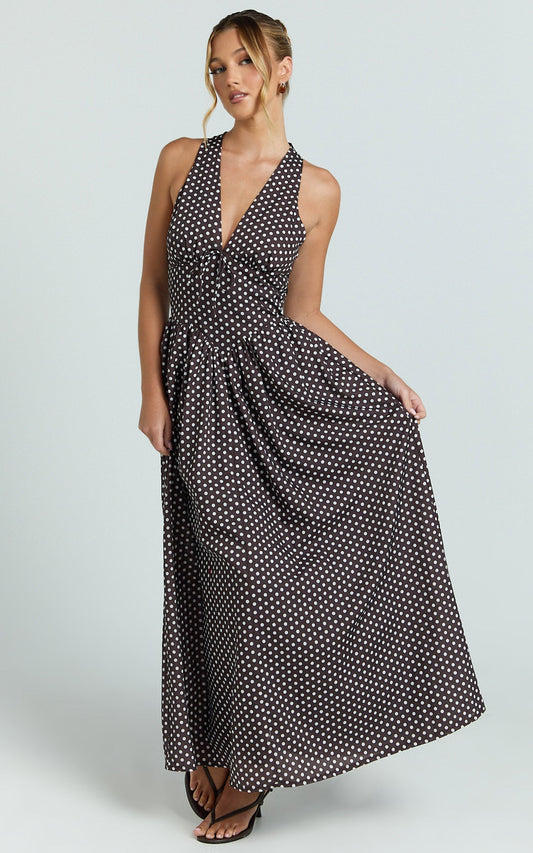Abby Midi Dress - Sleeveless V-Neckline Dress in Chocolate Polkadot