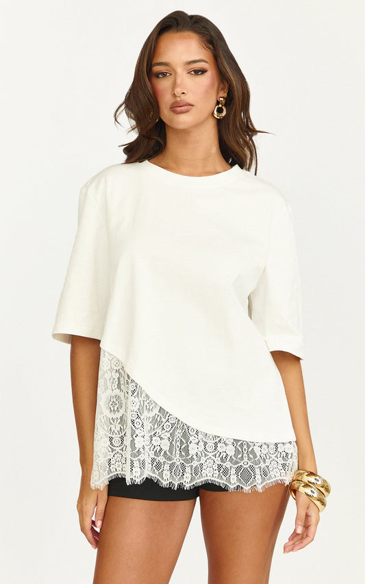 Abby Top - Asym T-shirt with Lace Trim in White