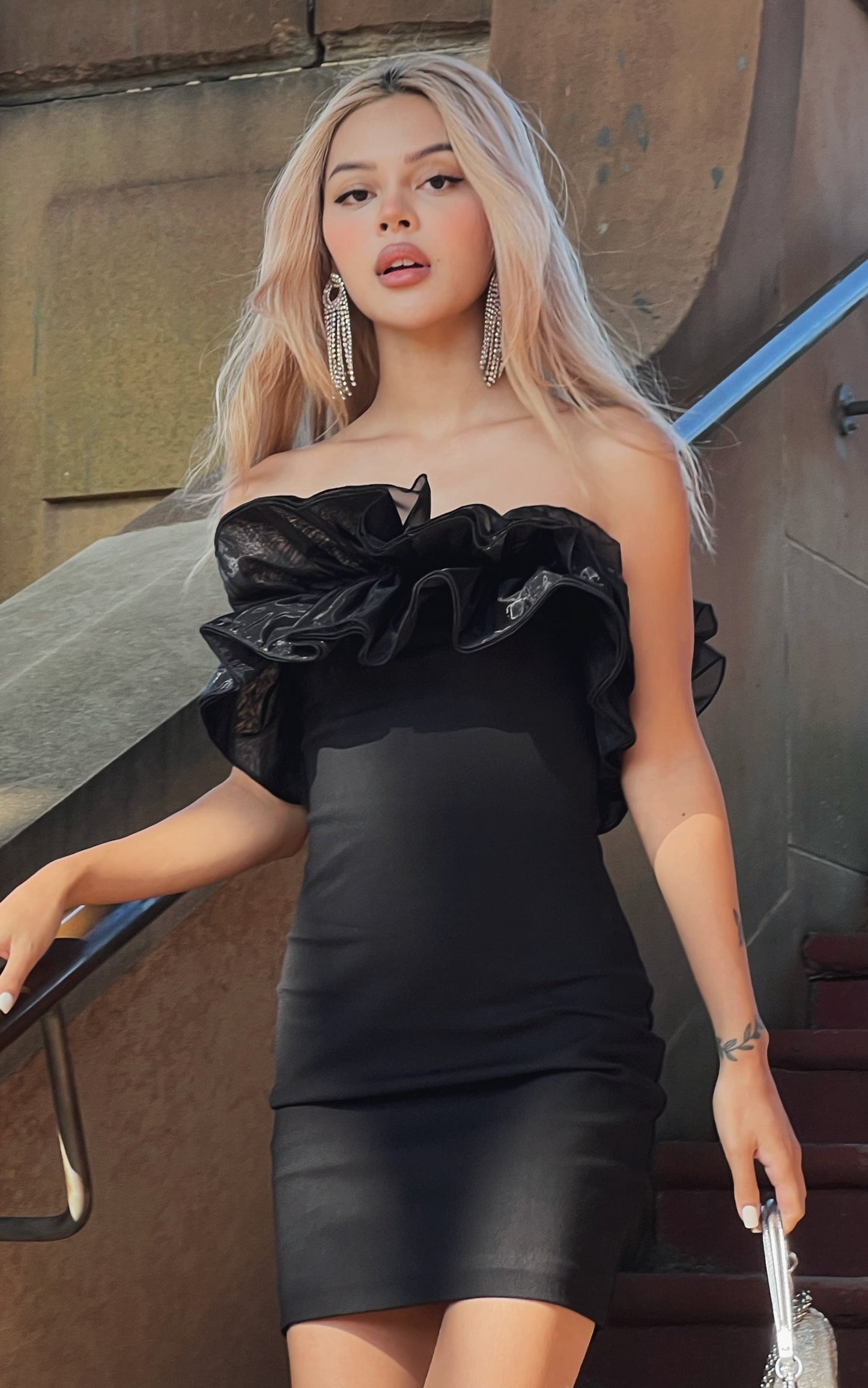 Abella Mini Dress - Strapless Ruffle Detail Bodycon Dress in Black