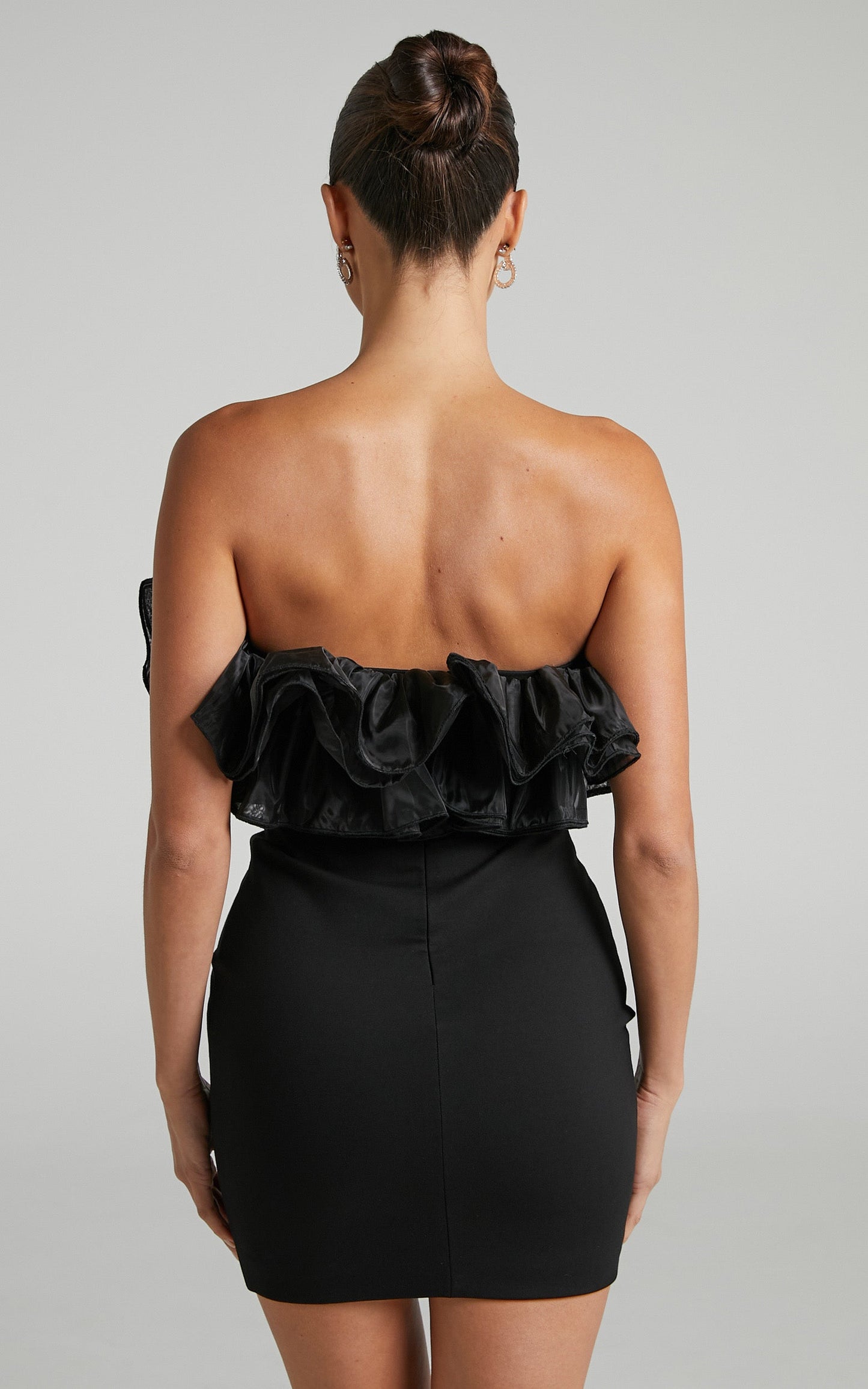 Abella Mini Dress - Strapless Ruffle Detail Bodycon Dress in Black