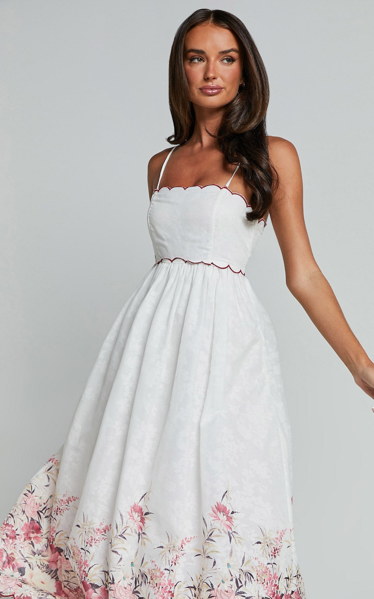 Abellina Midi Dress - Spaghetti Strap Sundress With Contrasting Wave Stitching in White
