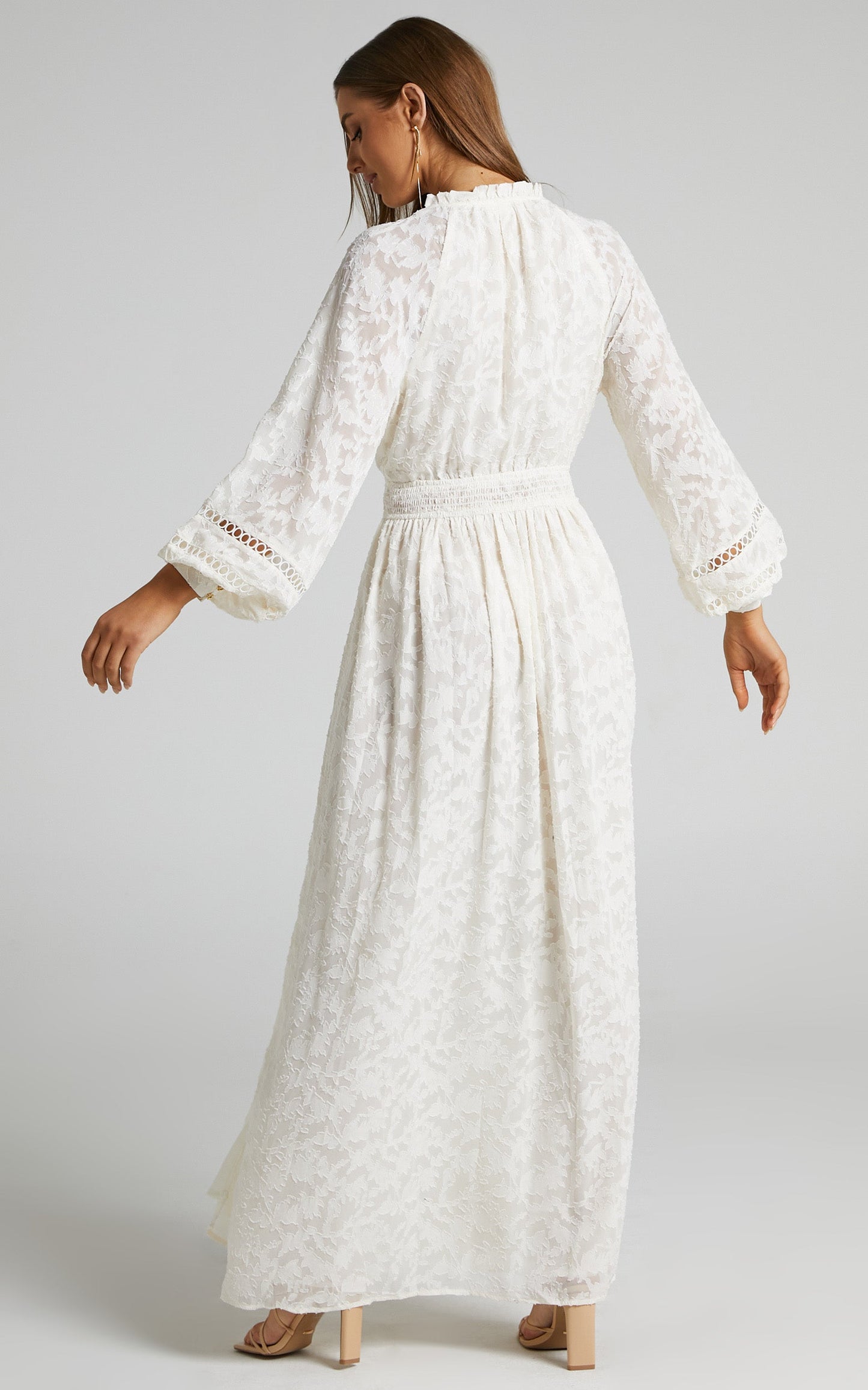 Abellita Midi Dress - Plunge Neck Bishop Sleeve Broderie Trim Dress in Cream