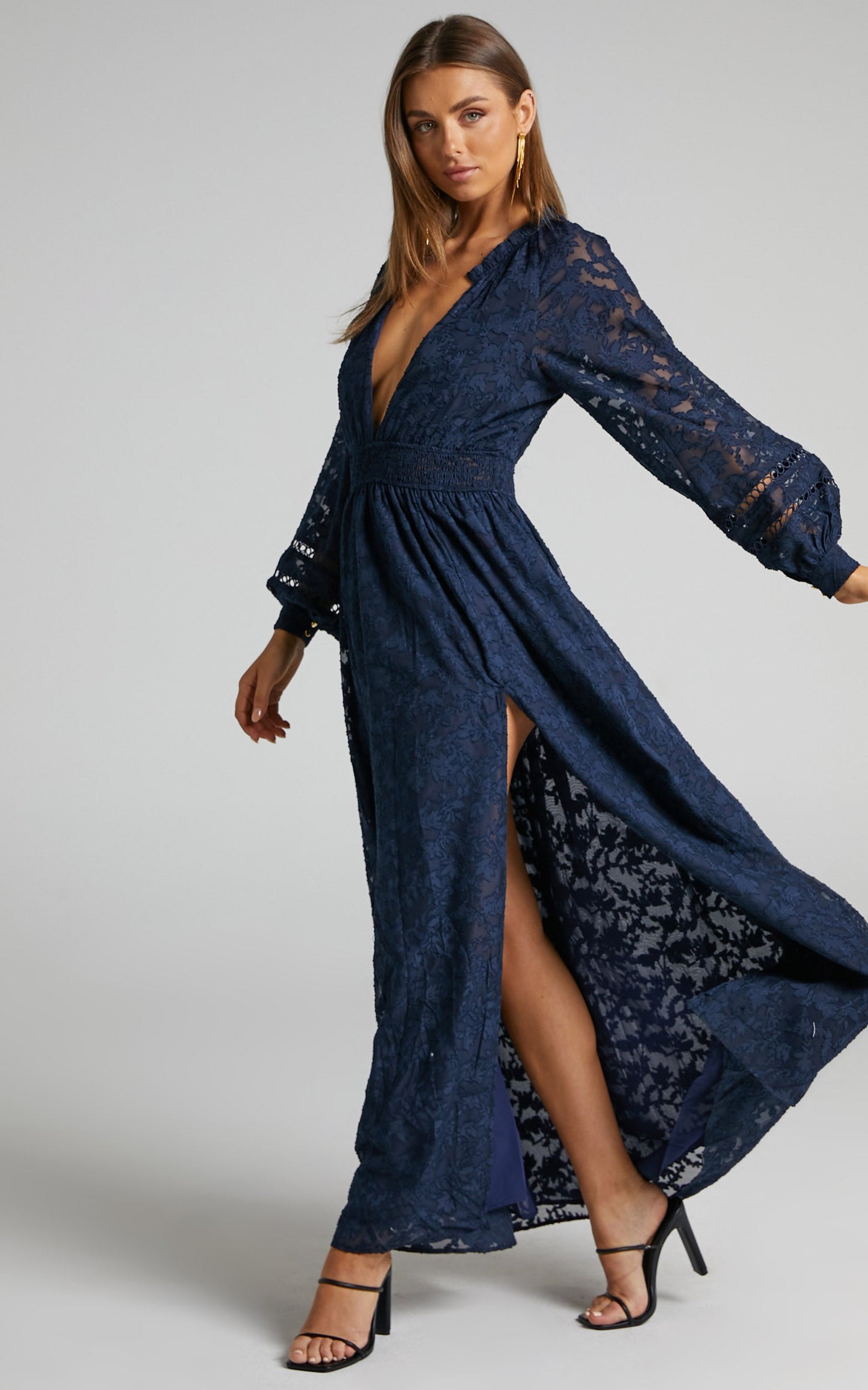 Abellita Midi Dress - Plunge Neck Bishop Sleeve Broderie Trim Dress in Navy
