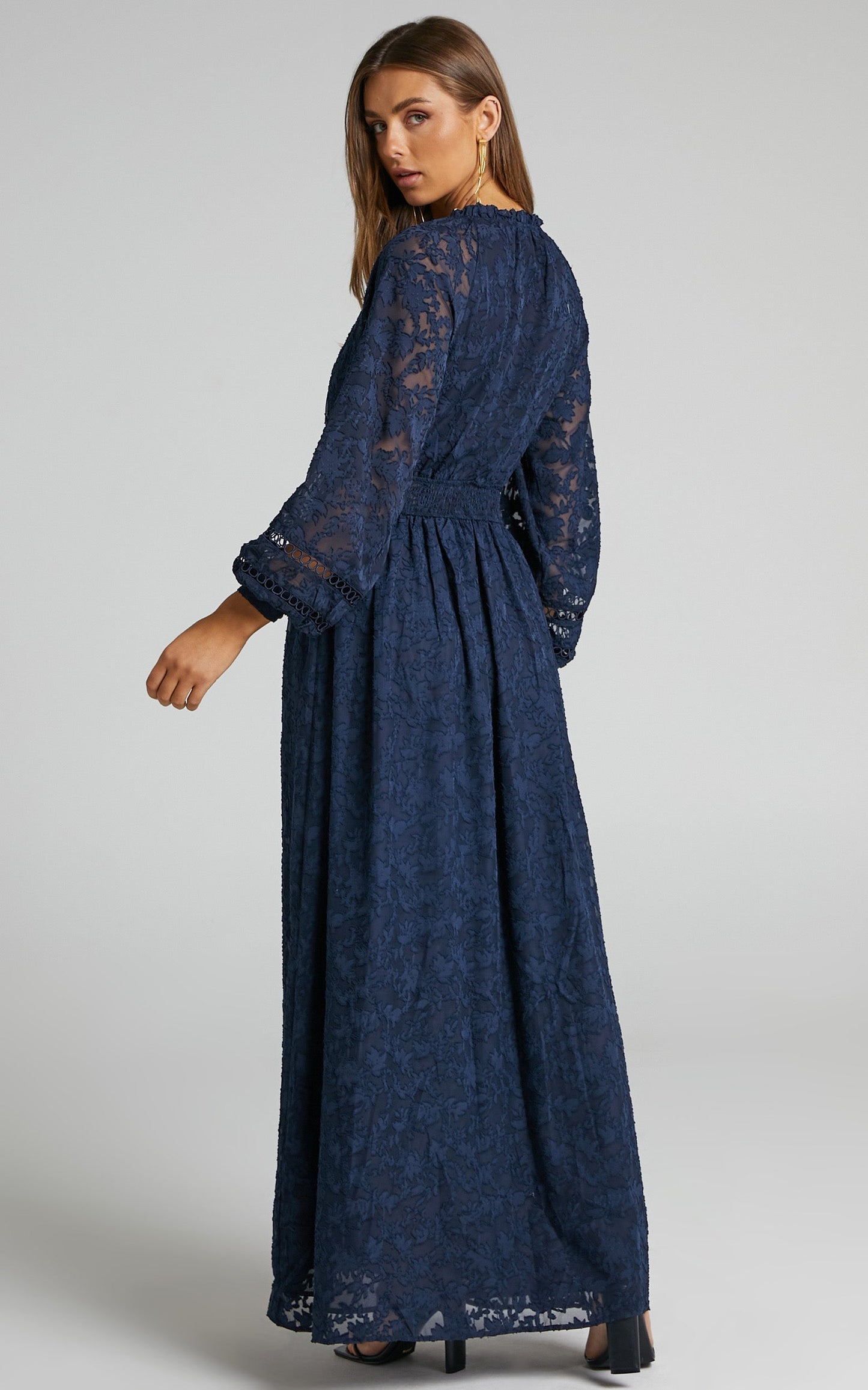 Abellita Midi Dress - Plunge Neck Bishop Sleeve Broderie Trim Dress in Navy