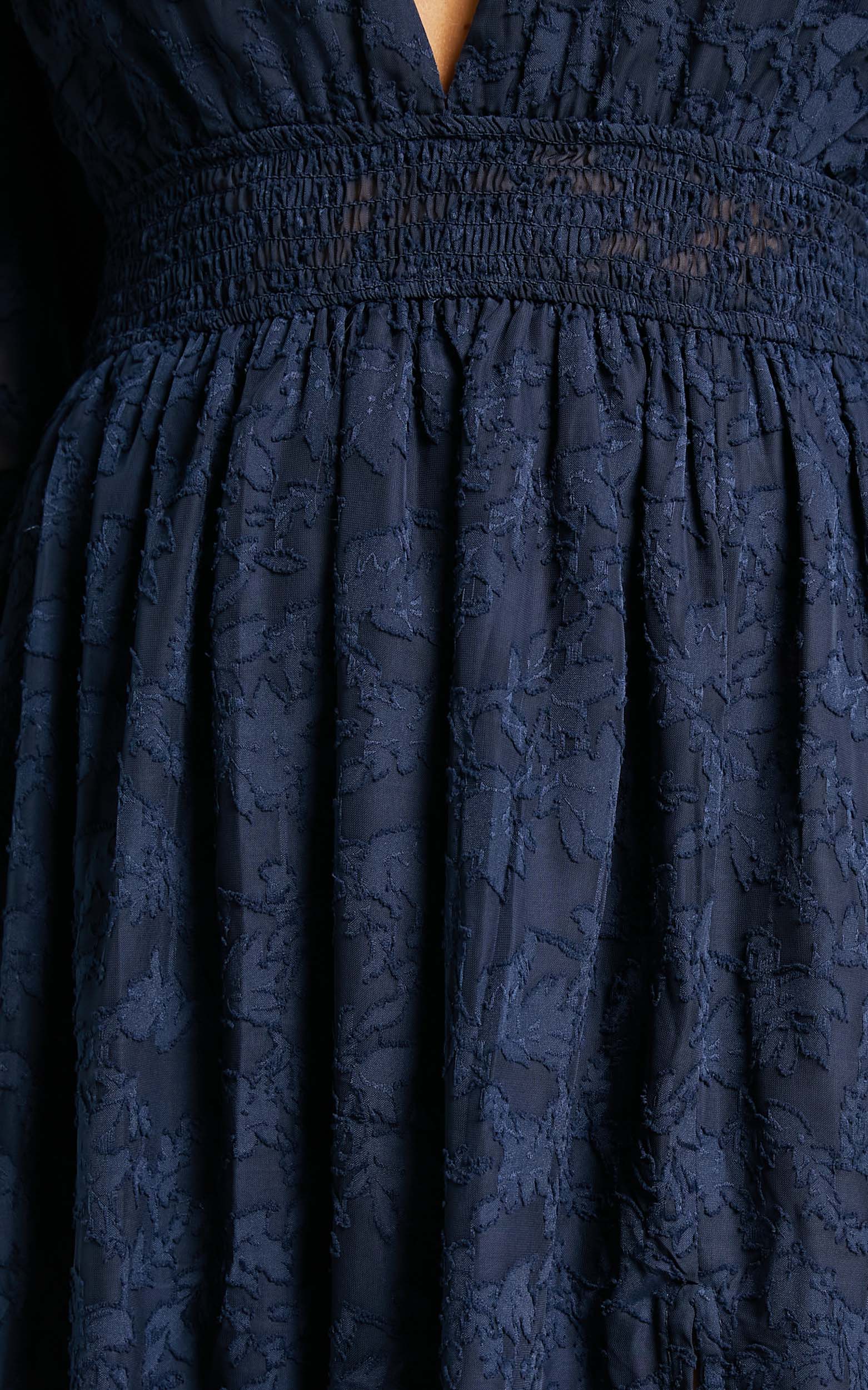 Abellita Midi Dress - Plunge Neck Bishop Sleeve Broderie Trim Dress in Navy