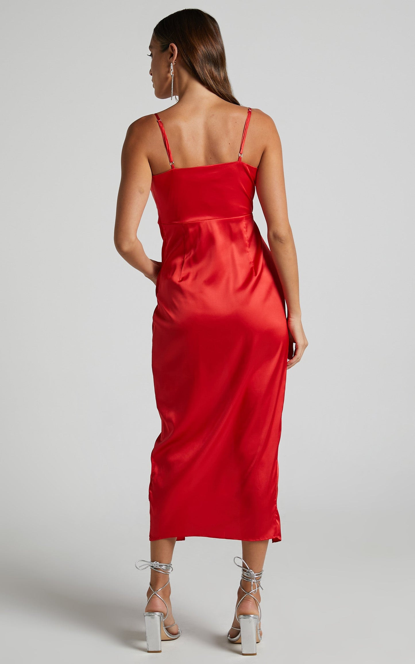 Abia Midi Dress - V Neck Thigh Split Satin Dress in Red
