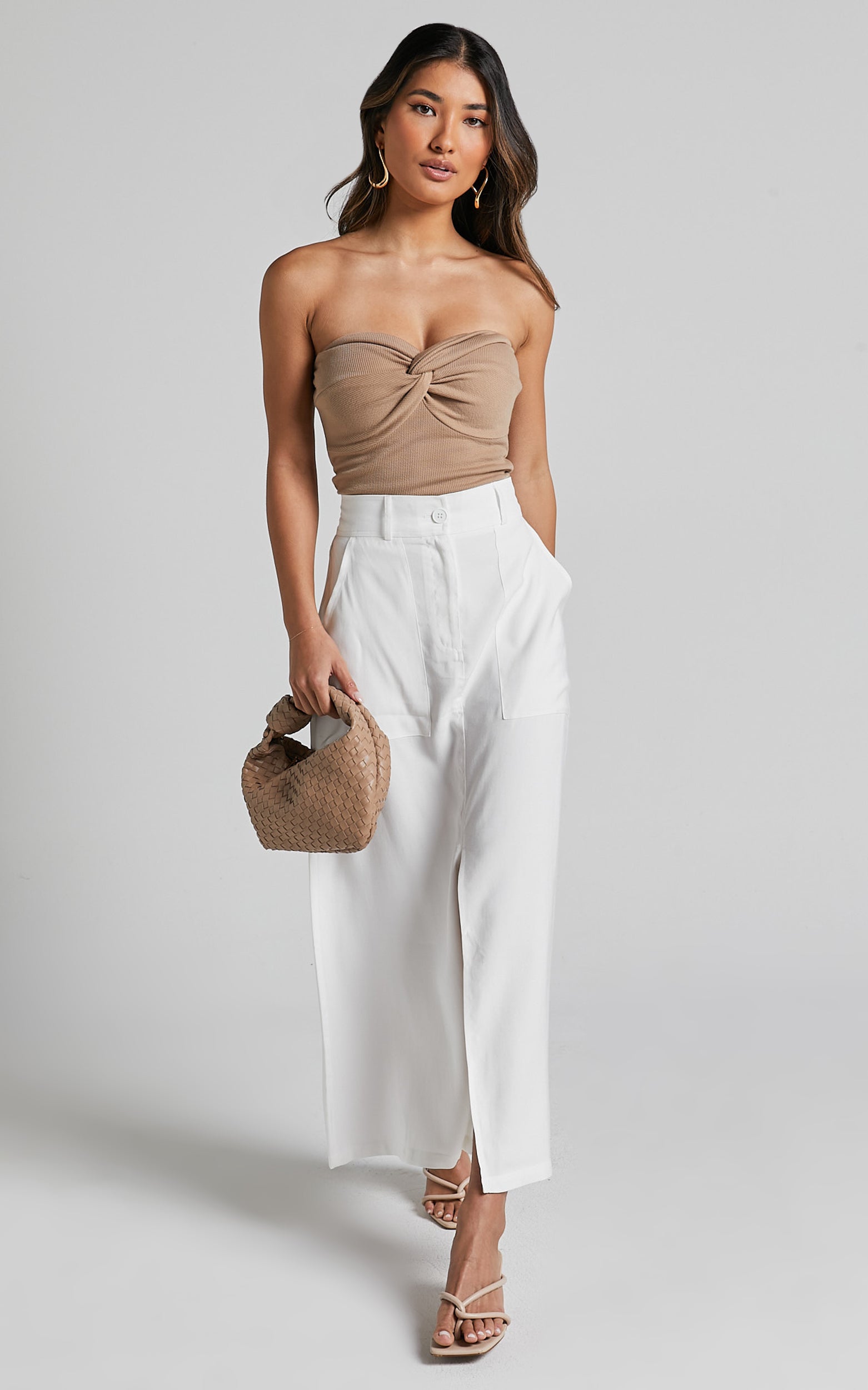 Abigail Midi Skirt - Front Split High Waisted Cargo Skirt in White