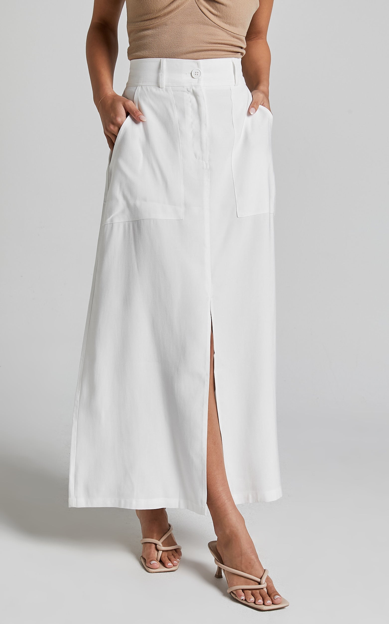 Abigail Midi Skirt - Front Split High Waisted Cargo Skirt in White