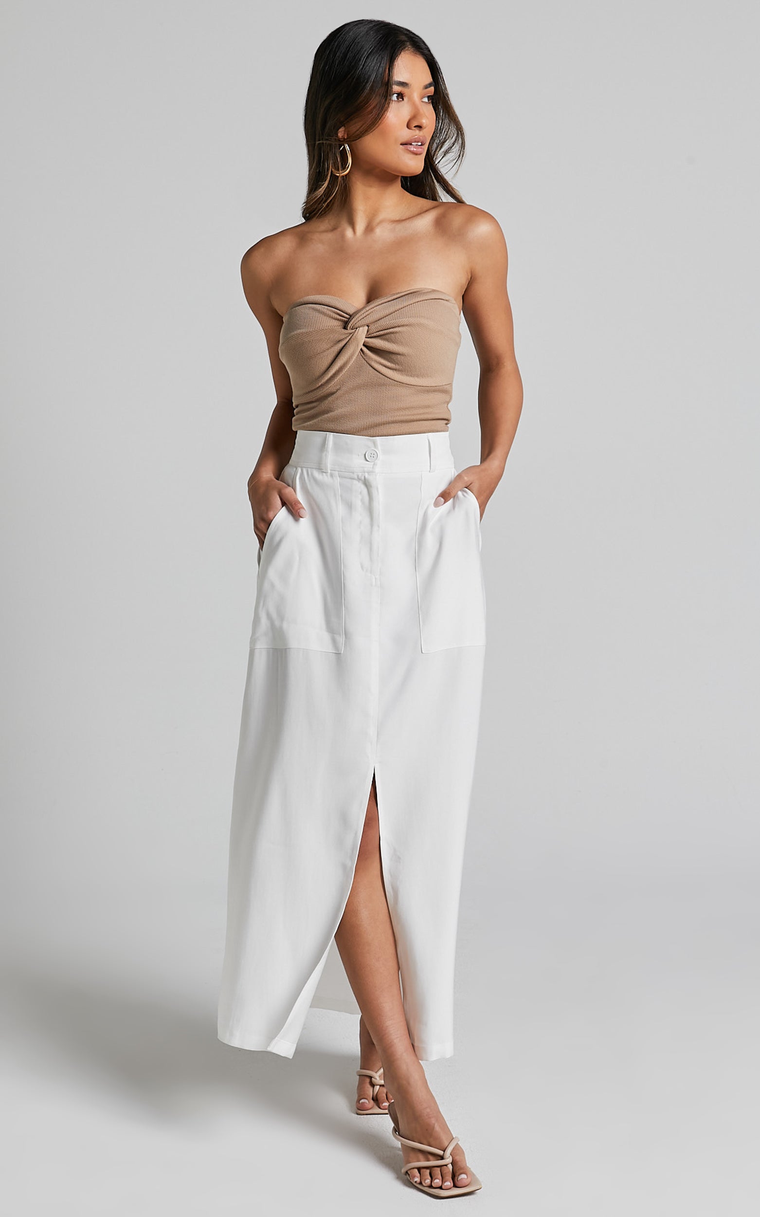 Abigail Midi Skirt - Front Split High Waisted Cargo Skirt in White