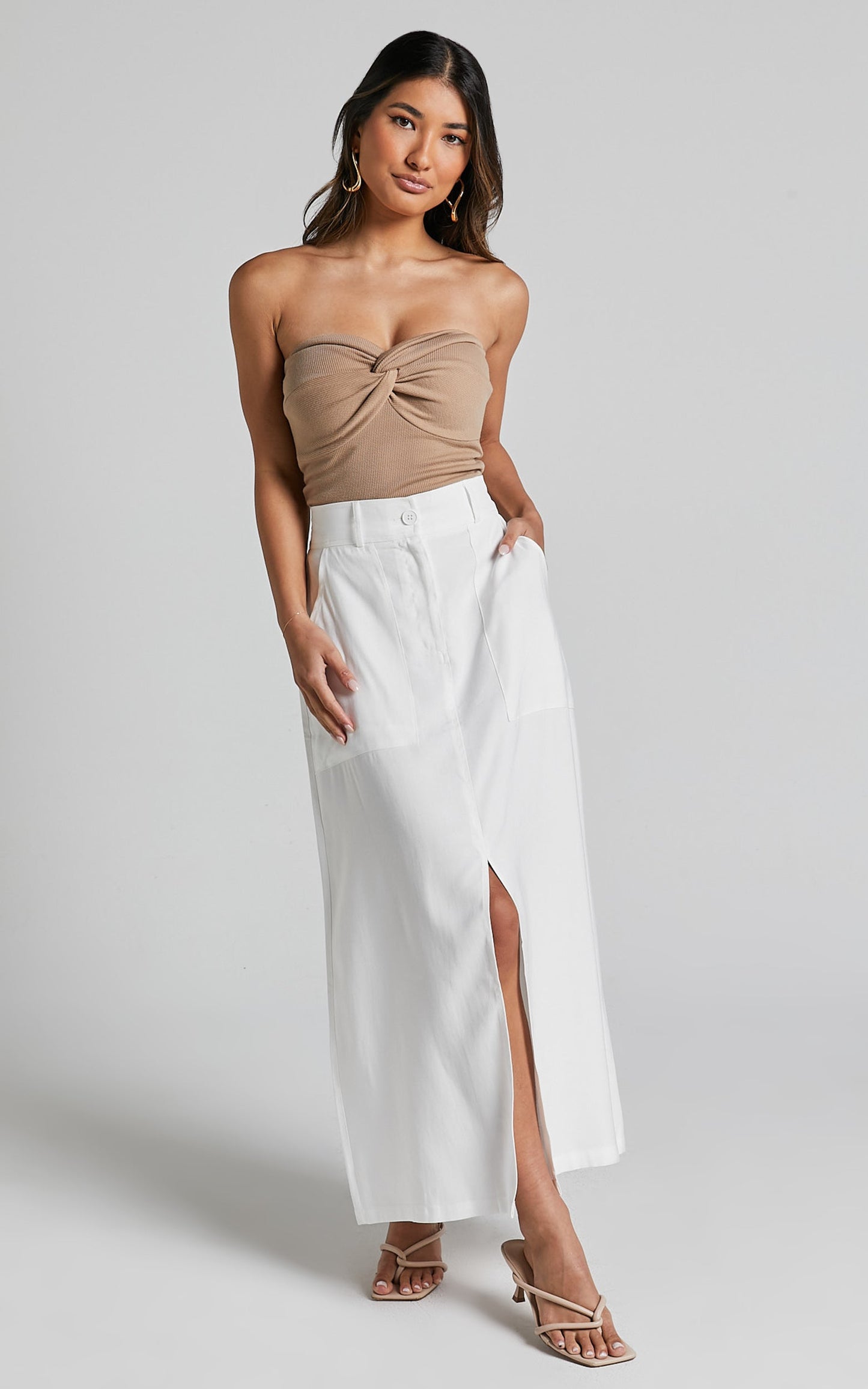 Abigail Midi Skirt - Front Split High Waisted Cargo Skirt in White