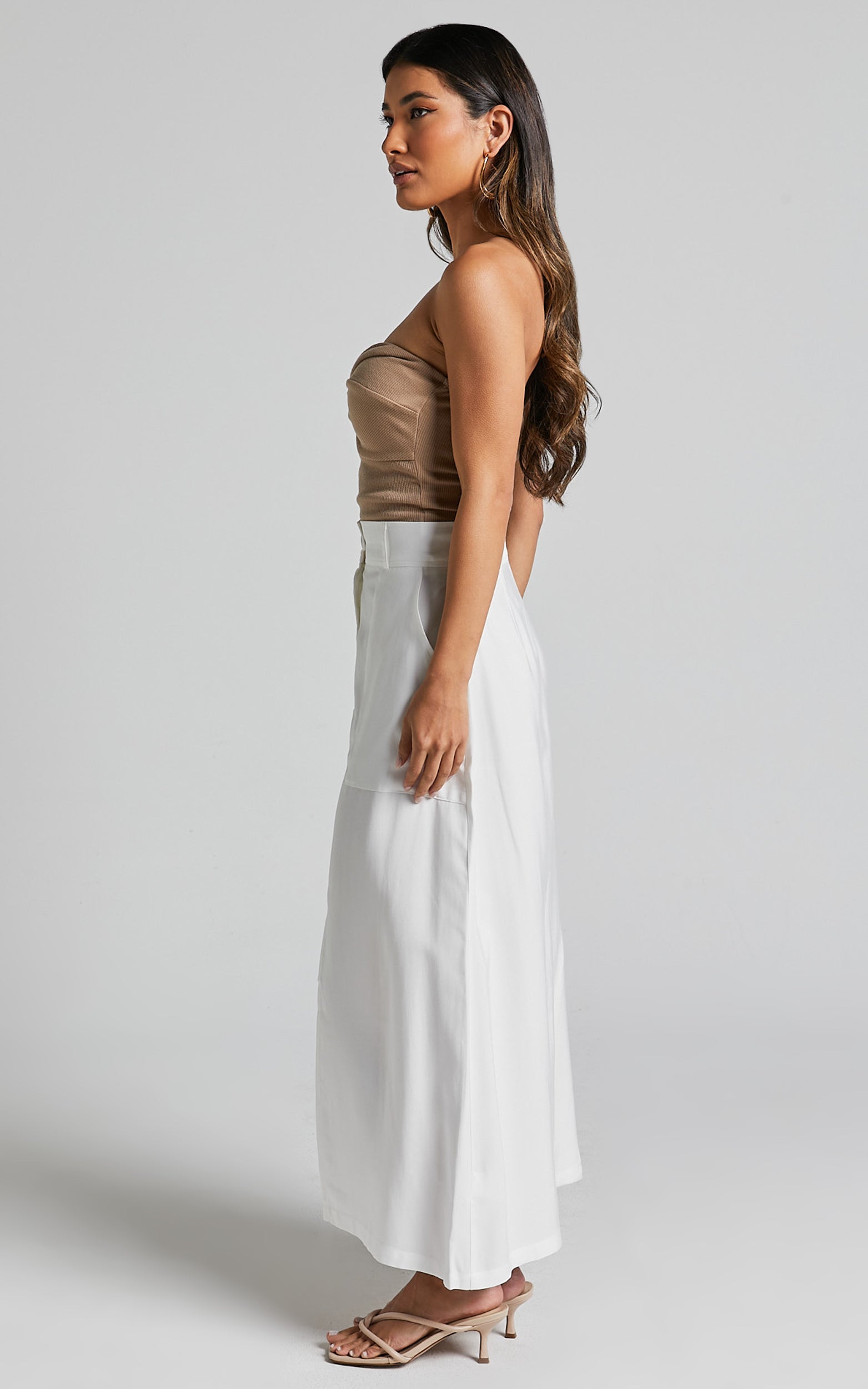 Abigail Midi Skirt - Front Split High Waisted Cargo Skirt in White