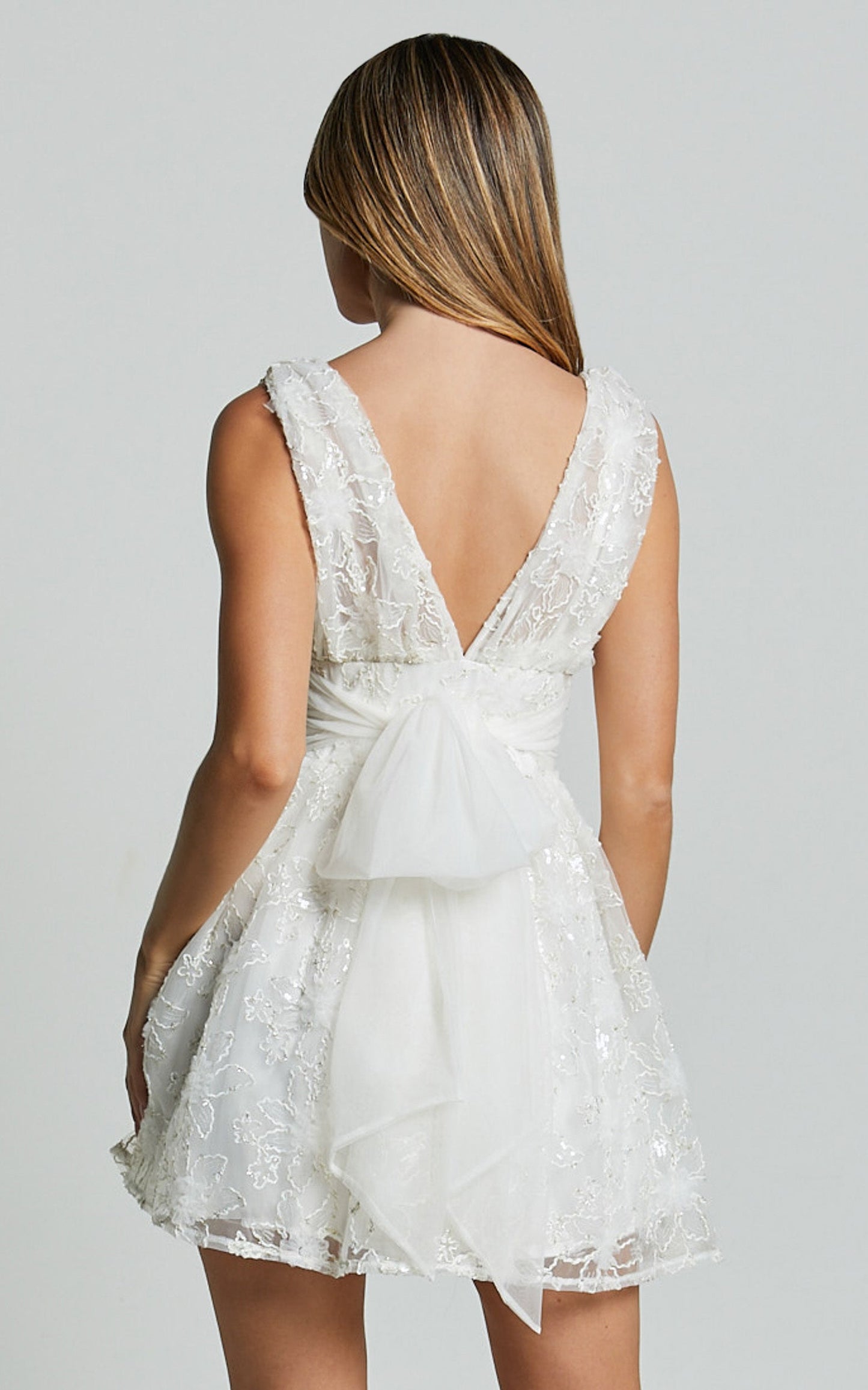 Abigal Mini Dress -Plunge Tie Back Sequin Embroidery Dress in Ivory