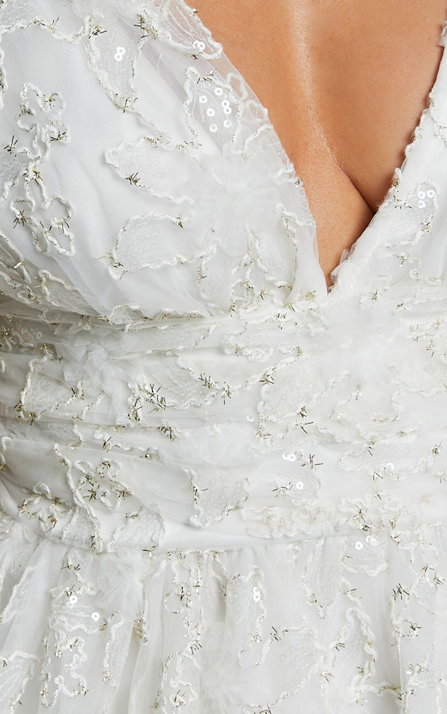 Abigal Mini Dress -Plunge Tie Back Sequin Embroidery Dress in Ivory