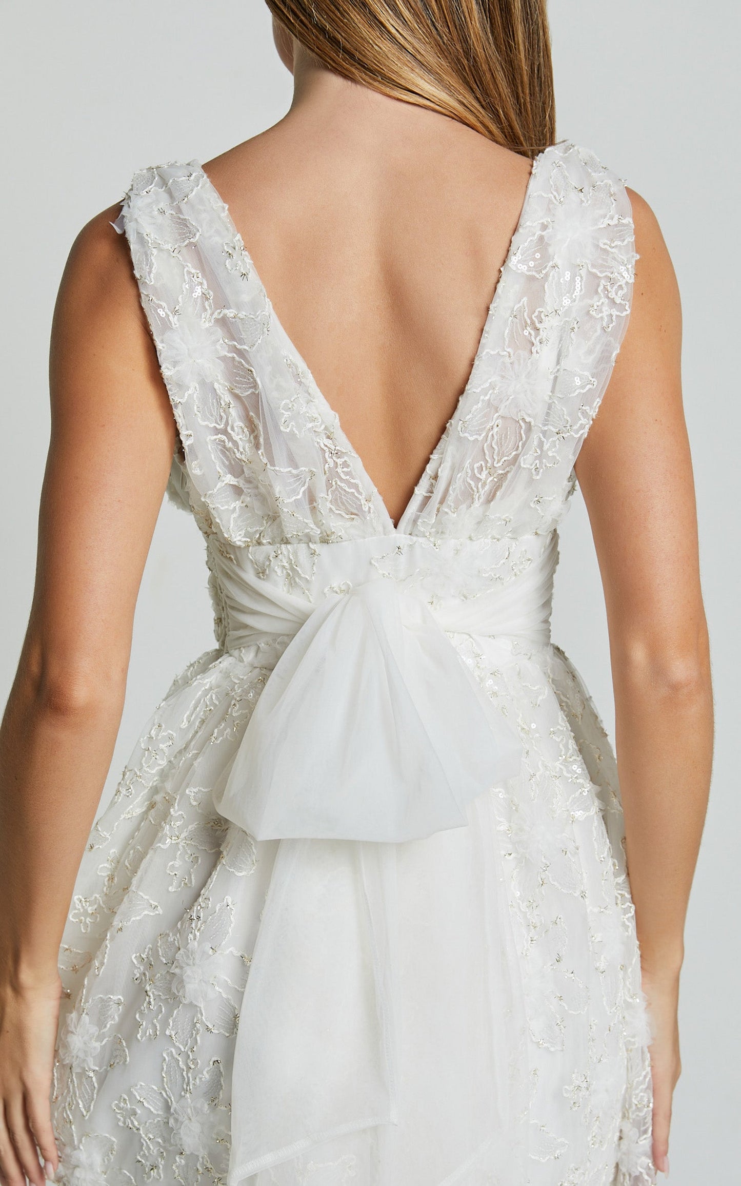 Abigal Mini Dress -Plunge Tie Back Sequin Embroidery Dress in Ivory