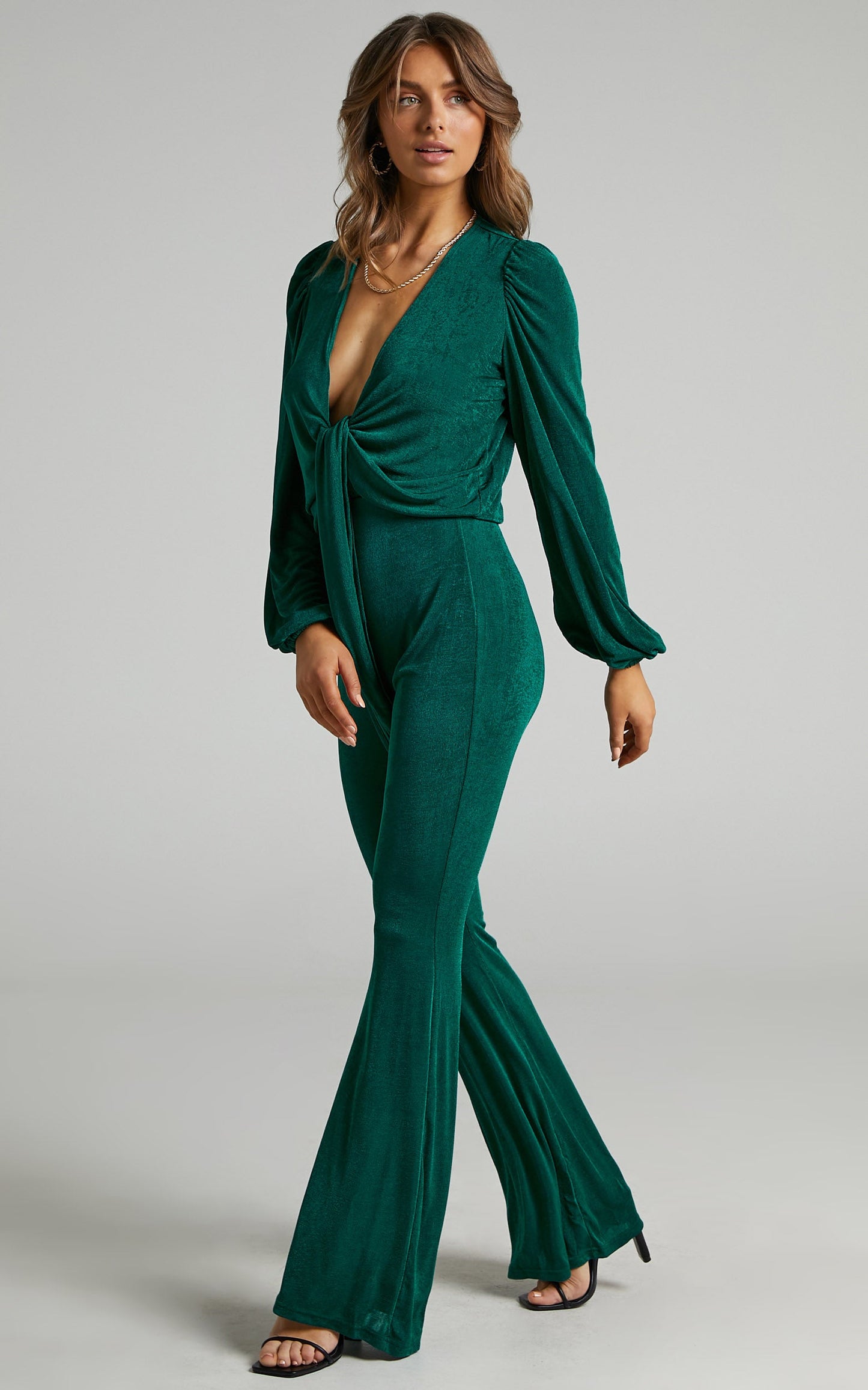 Acton Tie Front Neckline Jumpsuit in Emerald