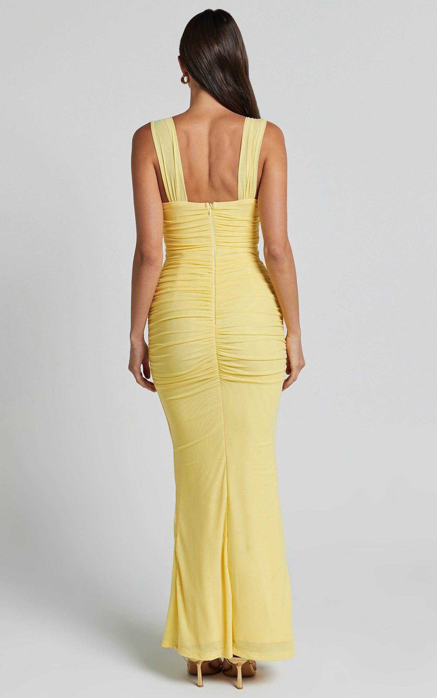 Adalee Midi Dress- Sheer Panel Ruched Bust Dress in Yellow