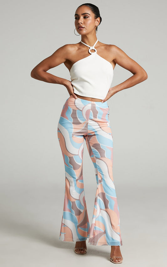 Adalene Pants - High Waisted Mesh Flare Pants in stripe print