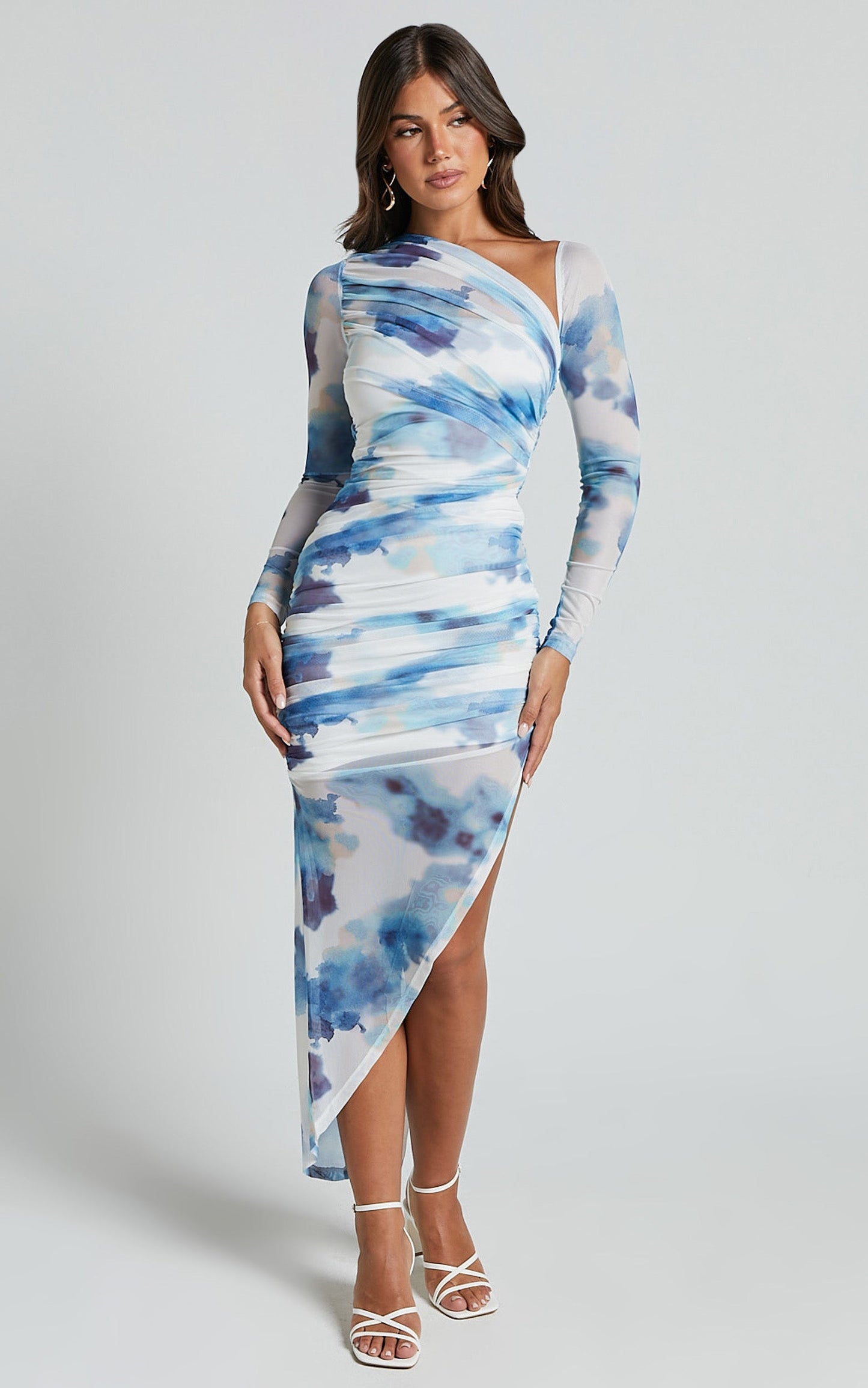 Adalene Midi Dress - Bodycon Long Sleeve Asymmetrical Neckline Dress in Blue Floral